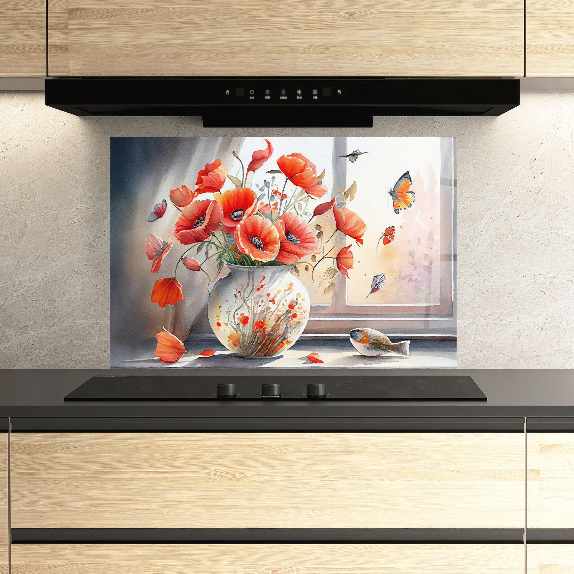 Küchenrückwand Glas Poppies Vase mockup 3