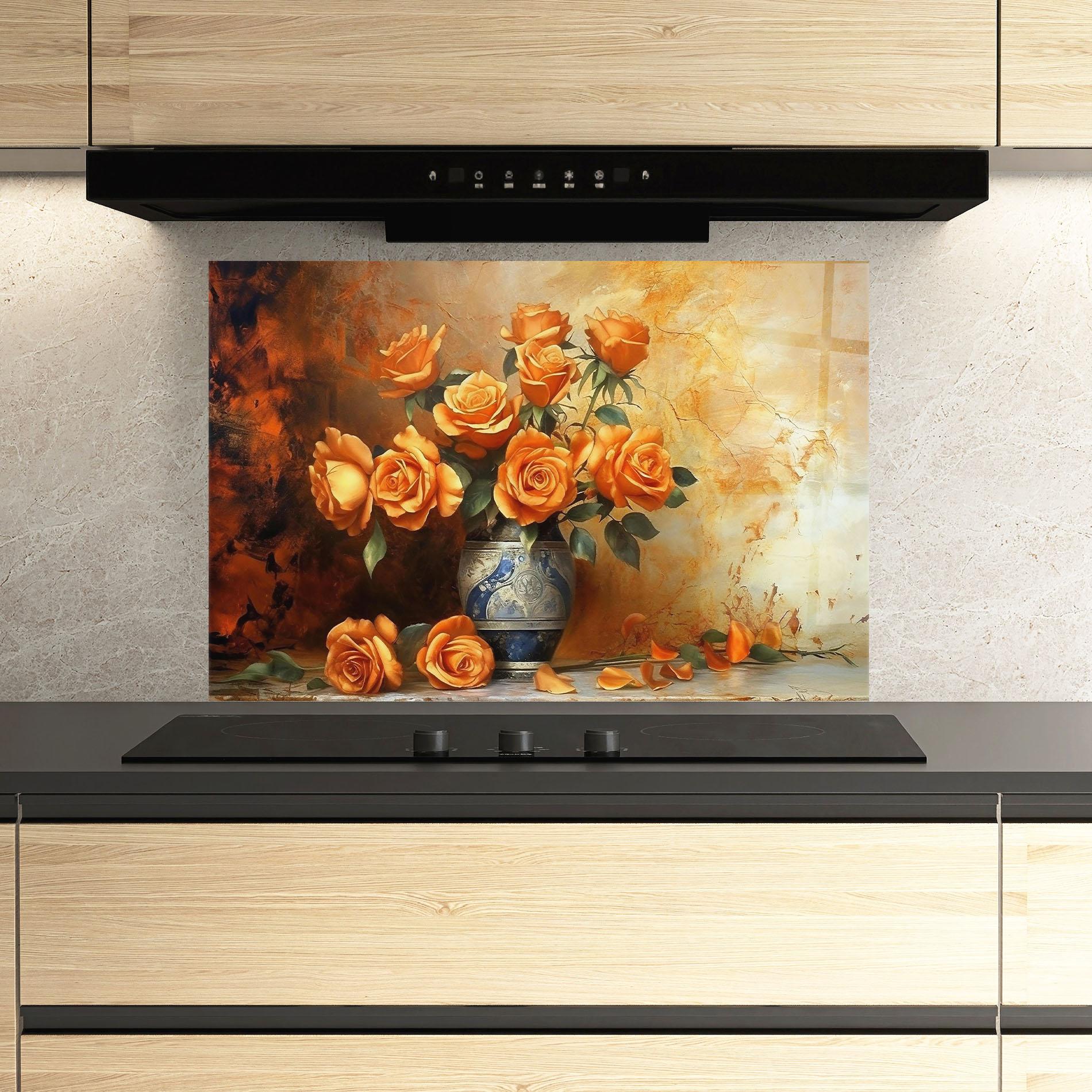 Küchenrückwand Glas Pretty Orange Rose Vase mockup 3