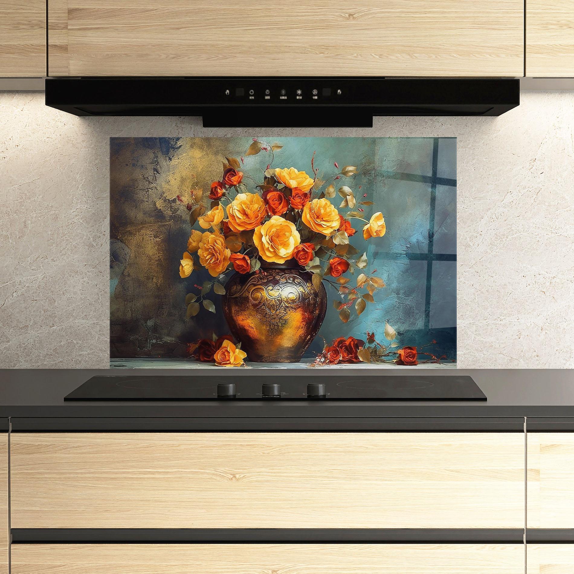 Küchenrückwand Glas Red Orange Flower Vase mockup 3