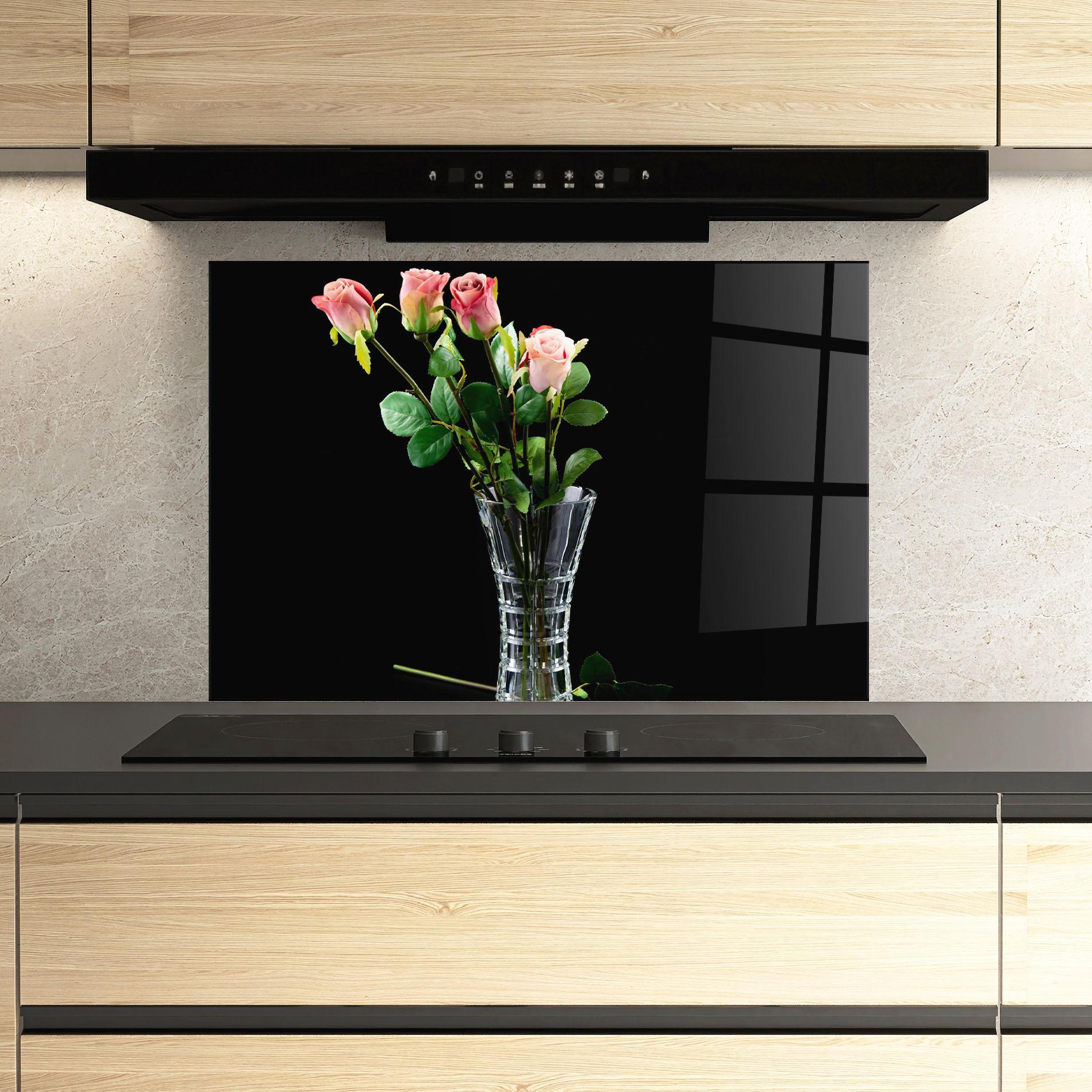 Küchenrückwand Glas Rose Vase Black mockup 3