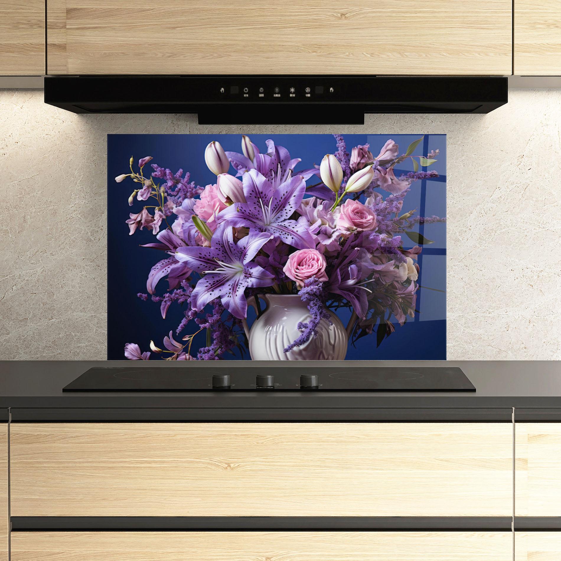 Küchenrückwand Glas Vase Purple Flower mockup 3