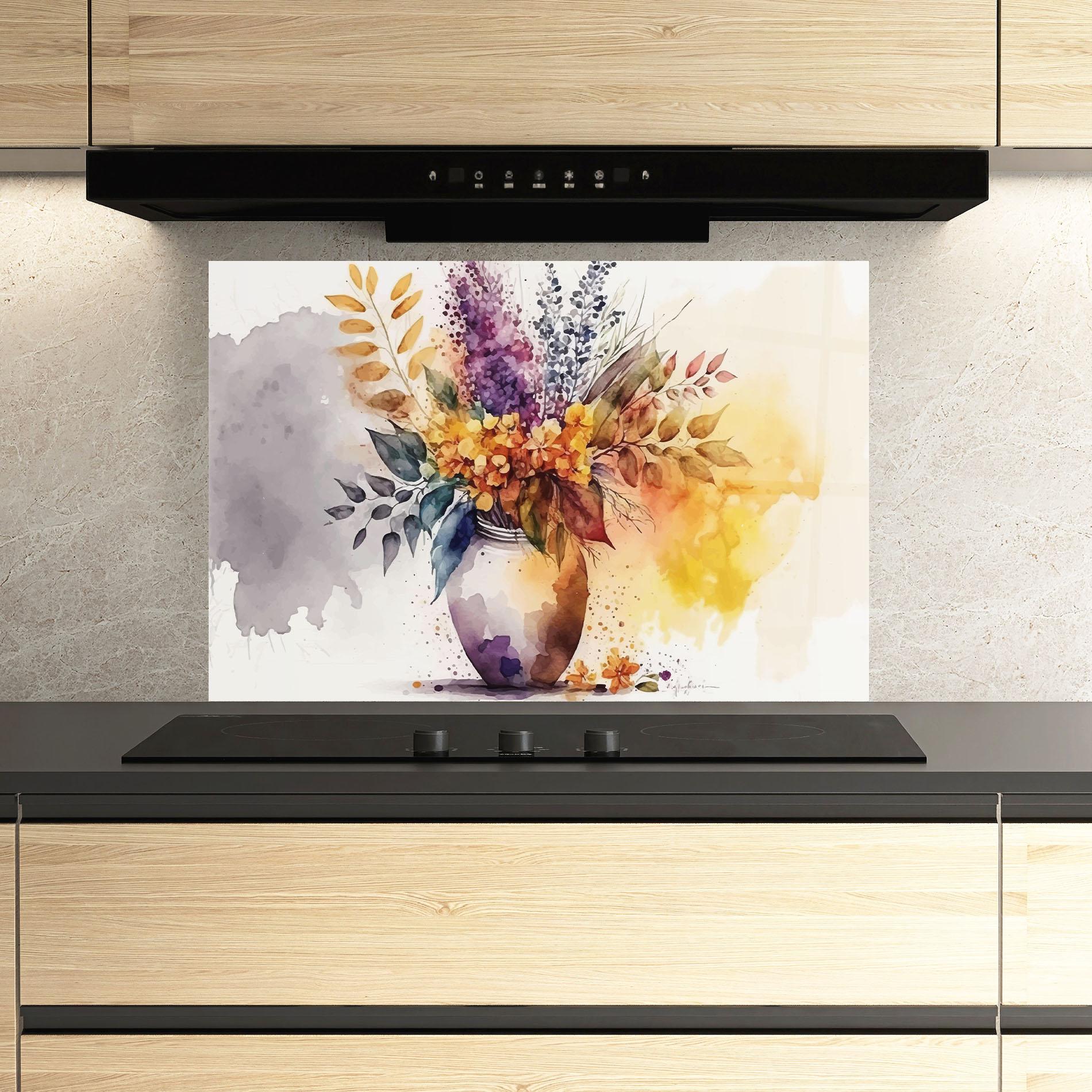 Küchenrückwand Glas Yellow Purple Vase mockup 3