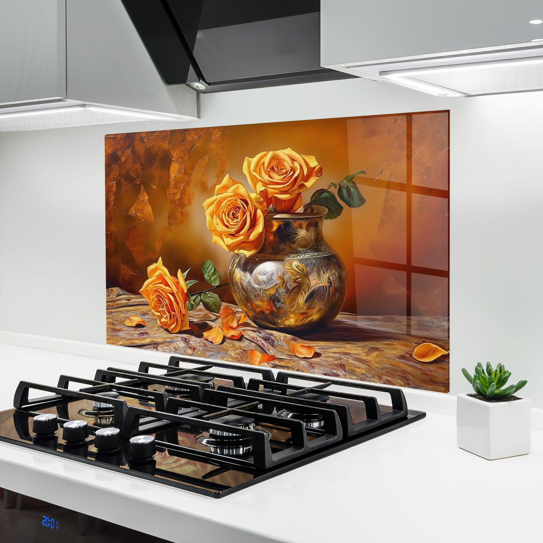 Küchenrückwand Glas Orange Roses Vase mockup 6