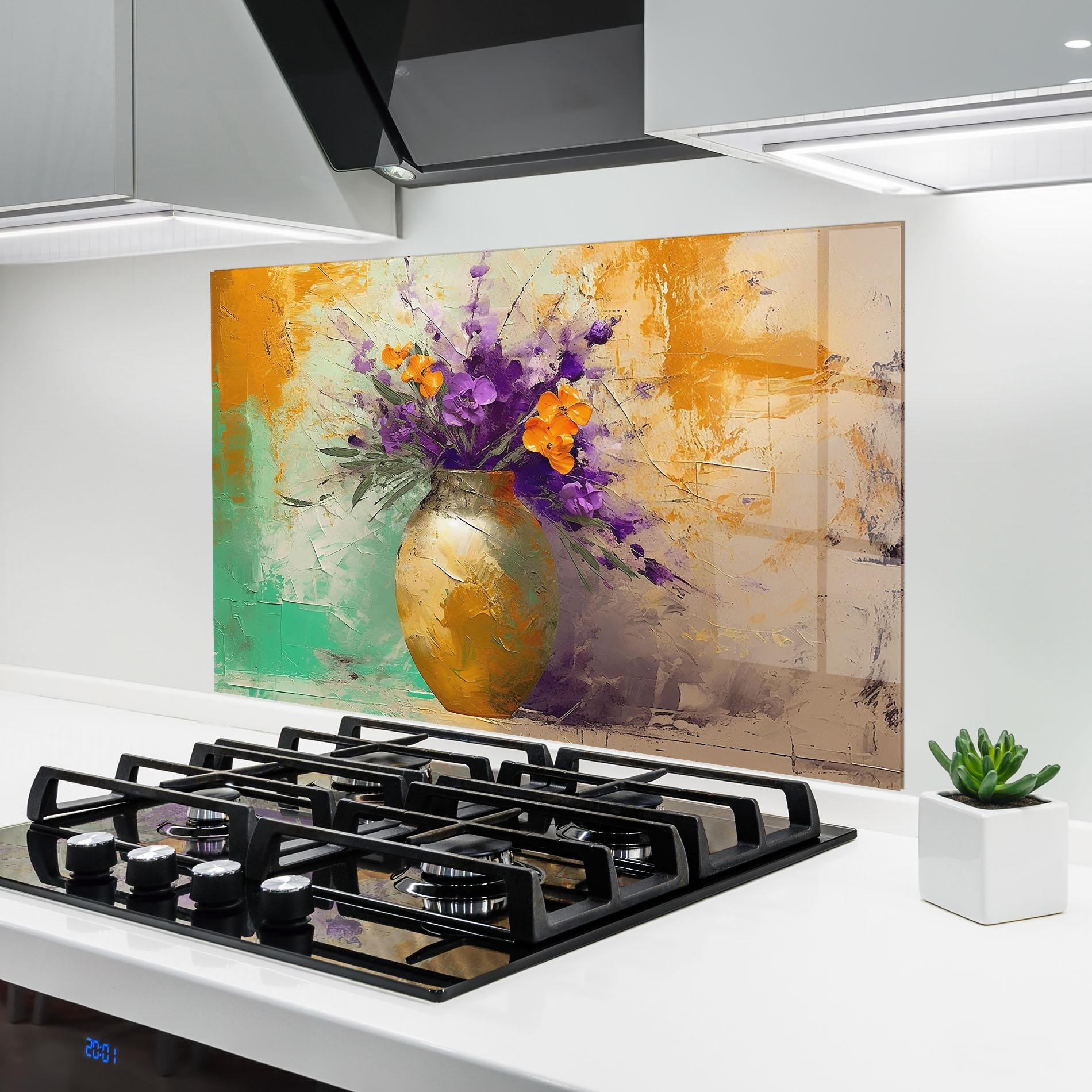 Küchenrückwand Glas Purple Orange Plant Vase mockup 6