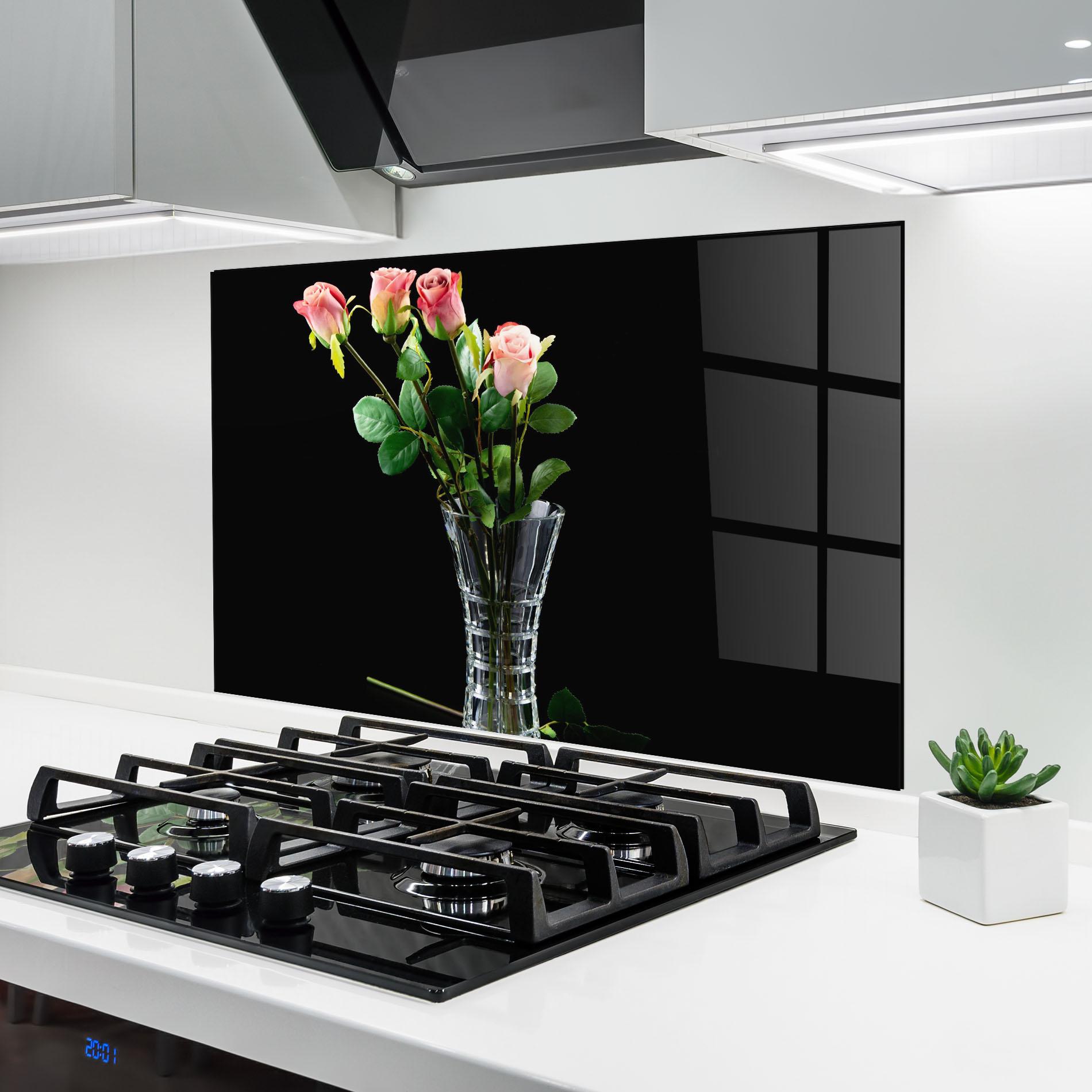 Küchenrückwand Glas Rose Vase Black mockup 6