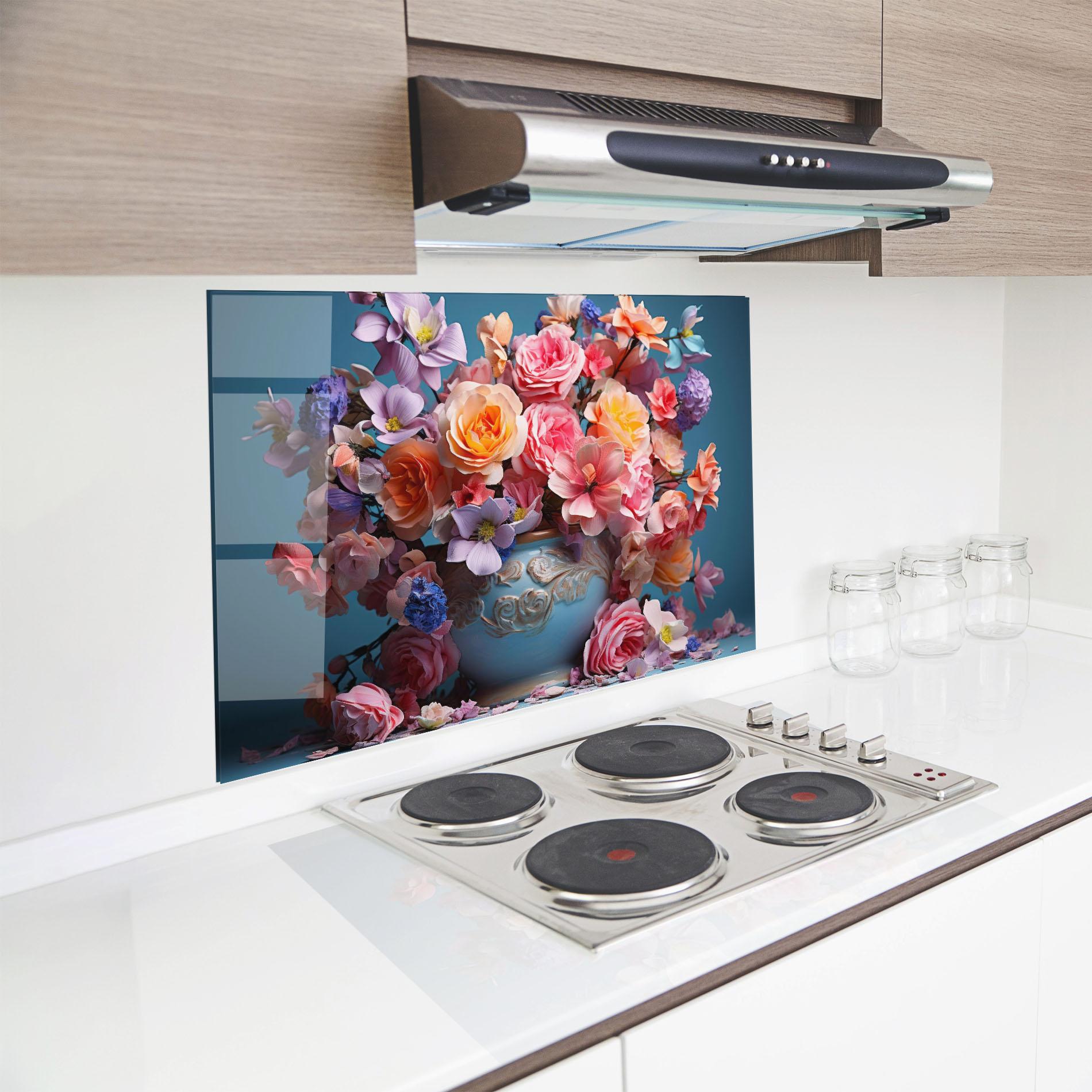 Küchenrückwand Glas Blue Vase Flowers mockup 8