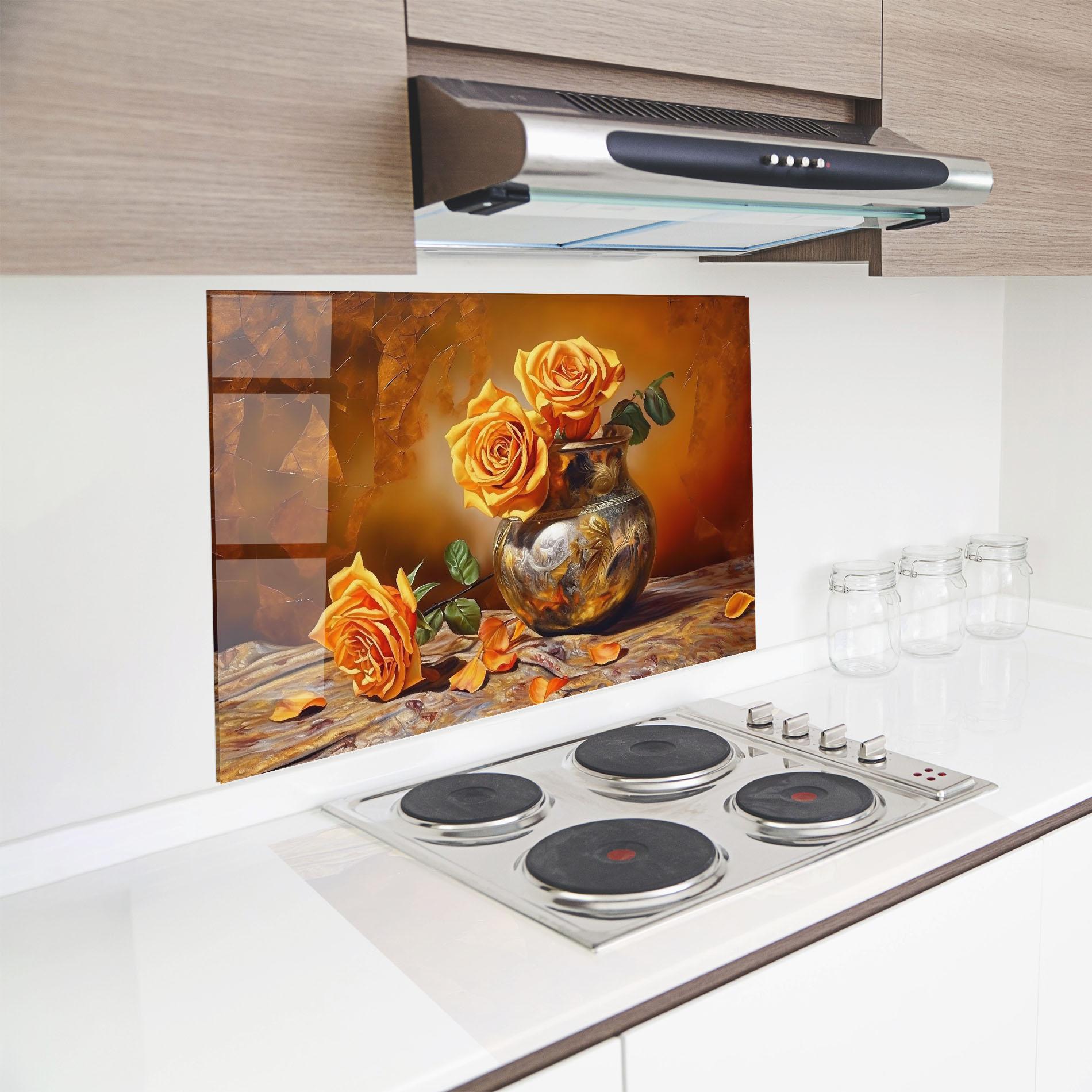 Küchenrückwand Glas Orange Roses Vase mockup 8