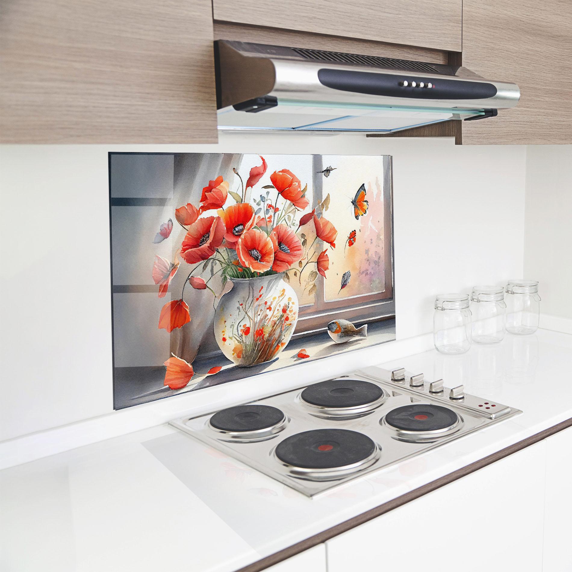 Küchenrückwand Glas Poppies Vase mockup 8