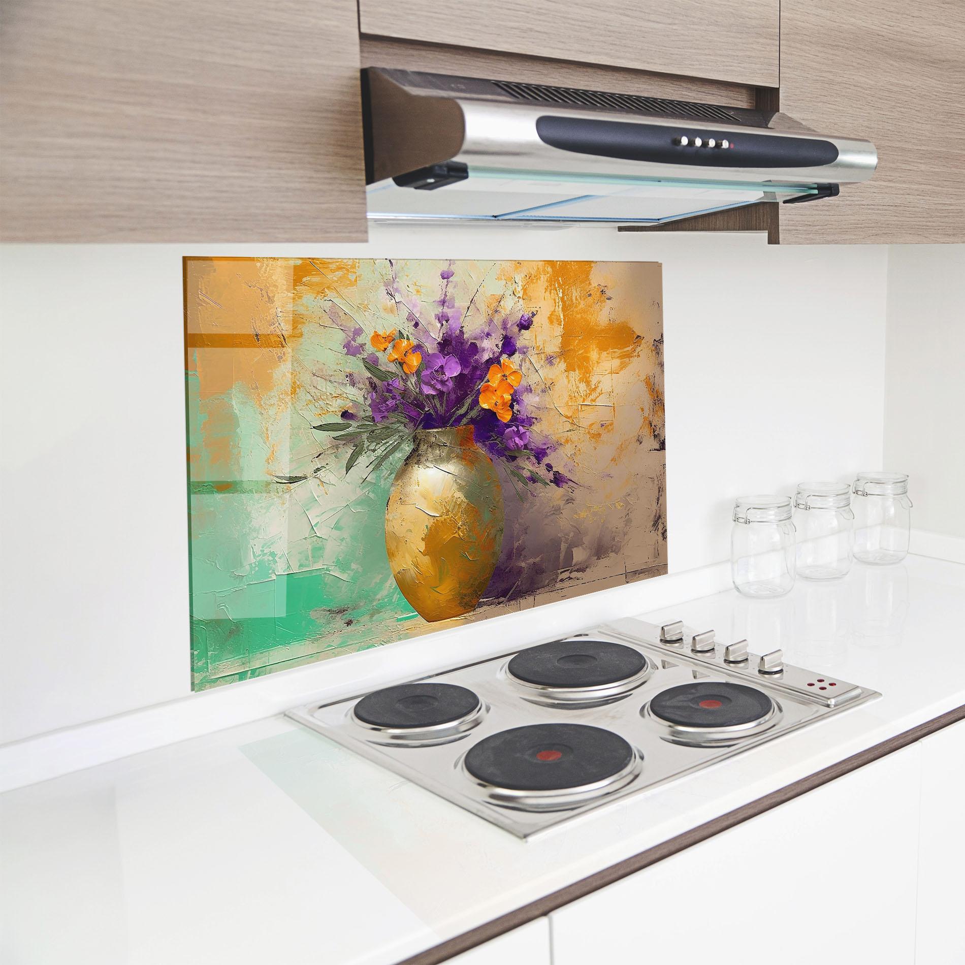 Küchenrückwand Glas Purple Orange Plant Vase mockup 8