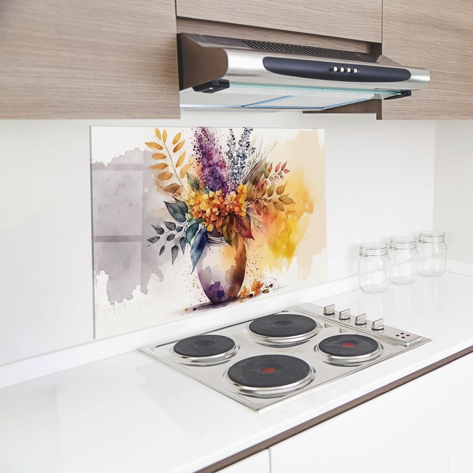 Küchenrückwand Glas Yellow Purple Vase mockup 8