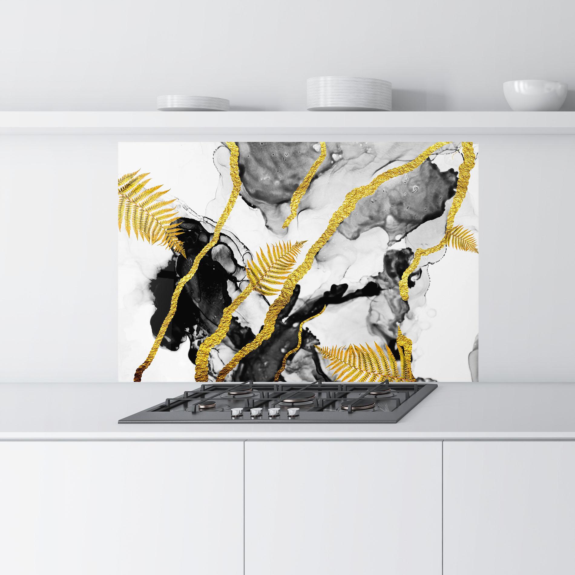 Küchenrückwand Glas Abstract Golden Leaves mockup 9