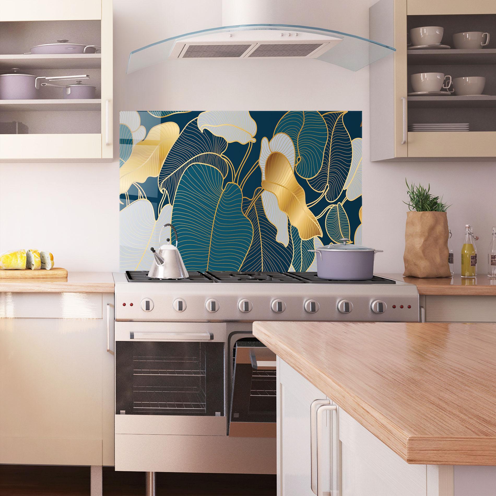 Küchenrückwand Glas Golden Leaves mockup 1