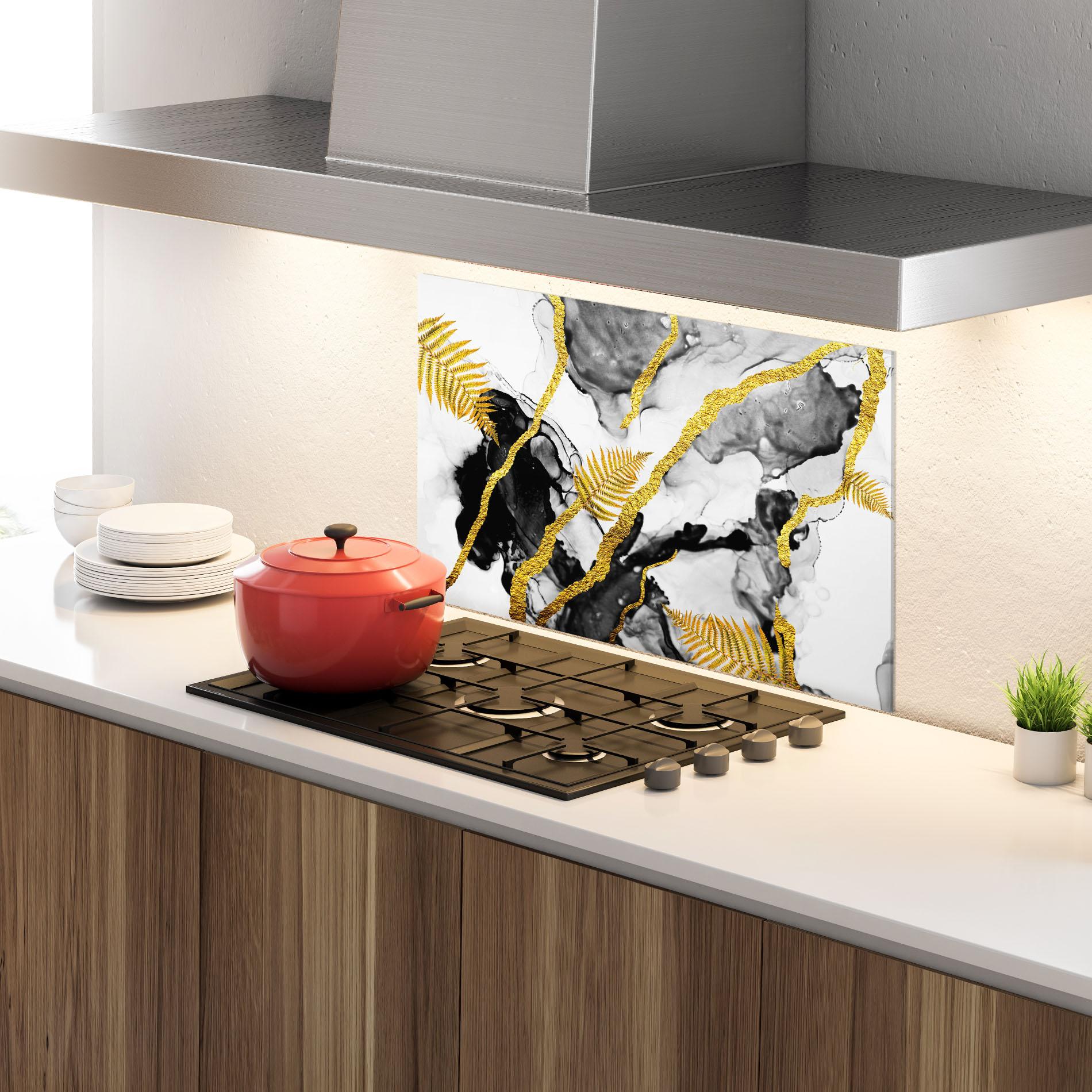 Küchenrückwand Glas Abstract Golden Leaves mockup 4