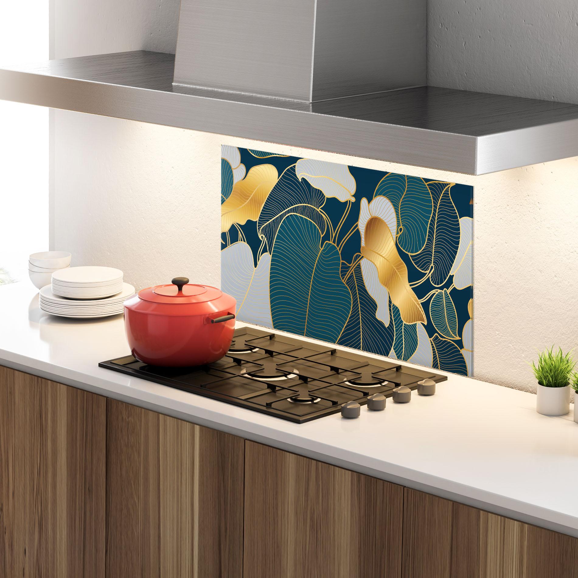 Küchenrückwand Glas Golden Leaves mockup 4