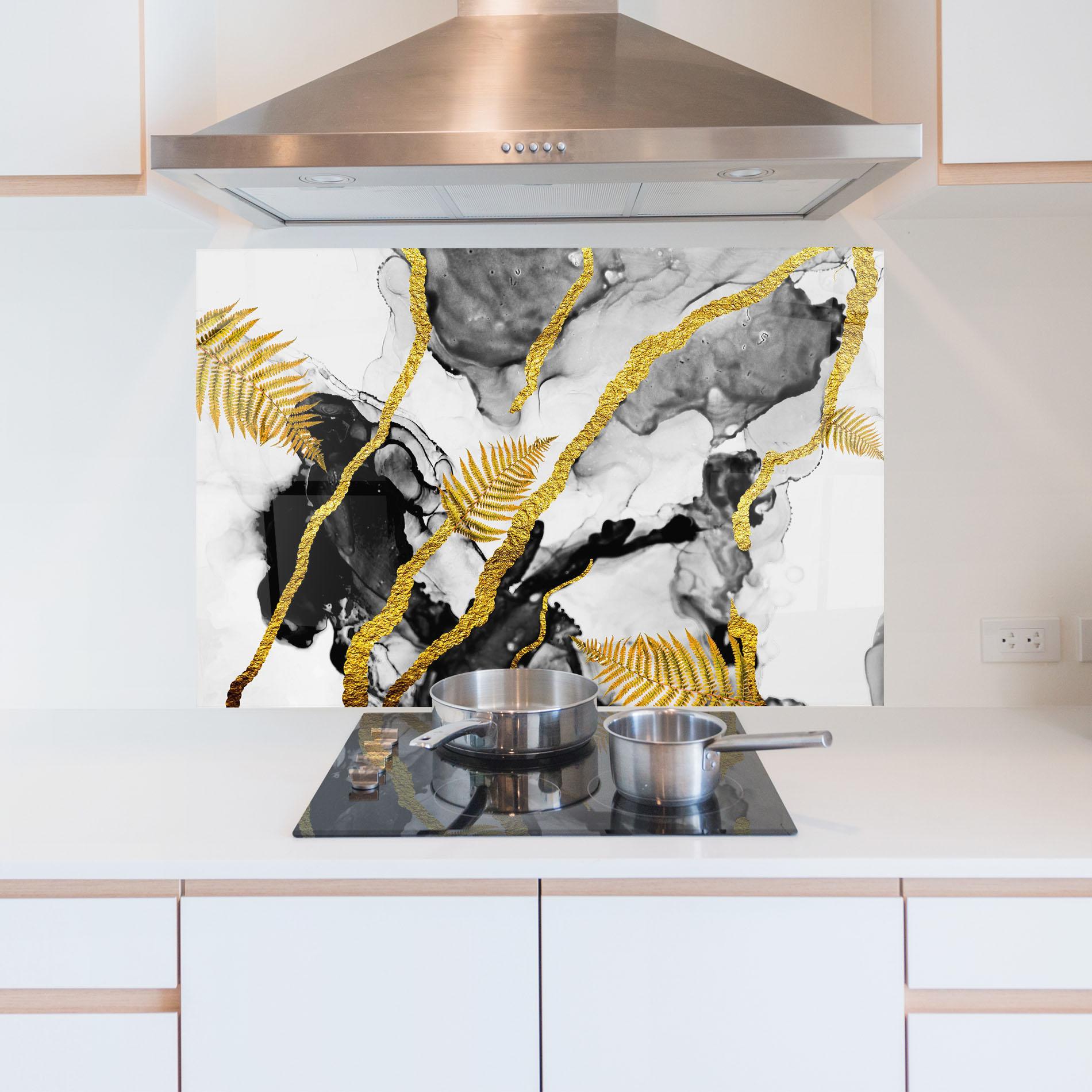 Küchenrückwand Glas Abstract Golden Leaves mockup 5