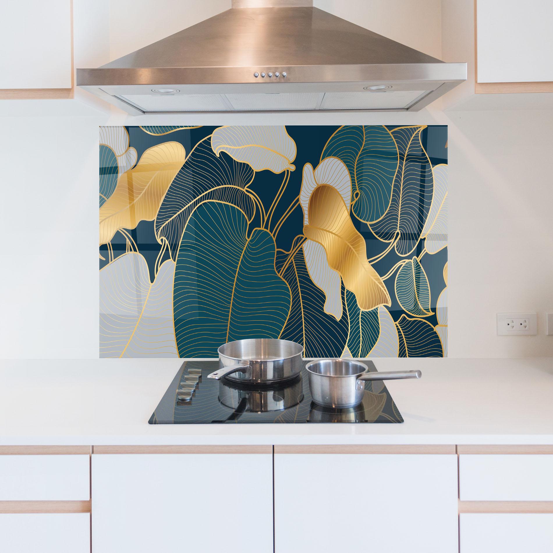 Küchenrückwand Glas Golden Leaves mockup 5