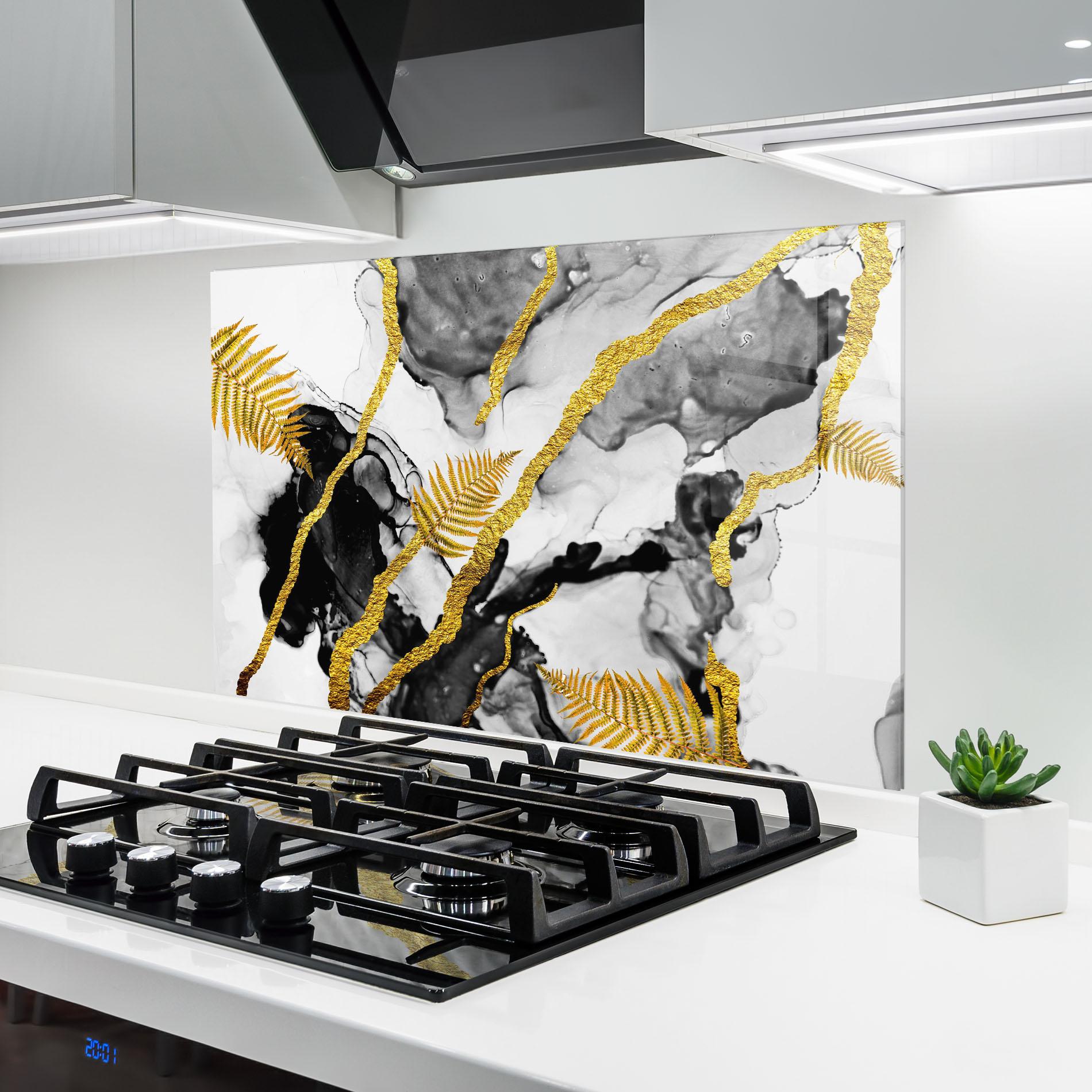 Küchenrückwand Glas Abstract Golden Leaves mockup 6