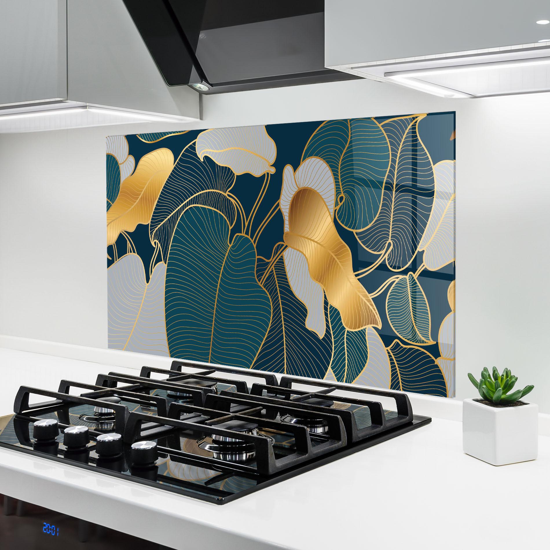 Küchenrückwand Glas Golden Leaves mockup 6