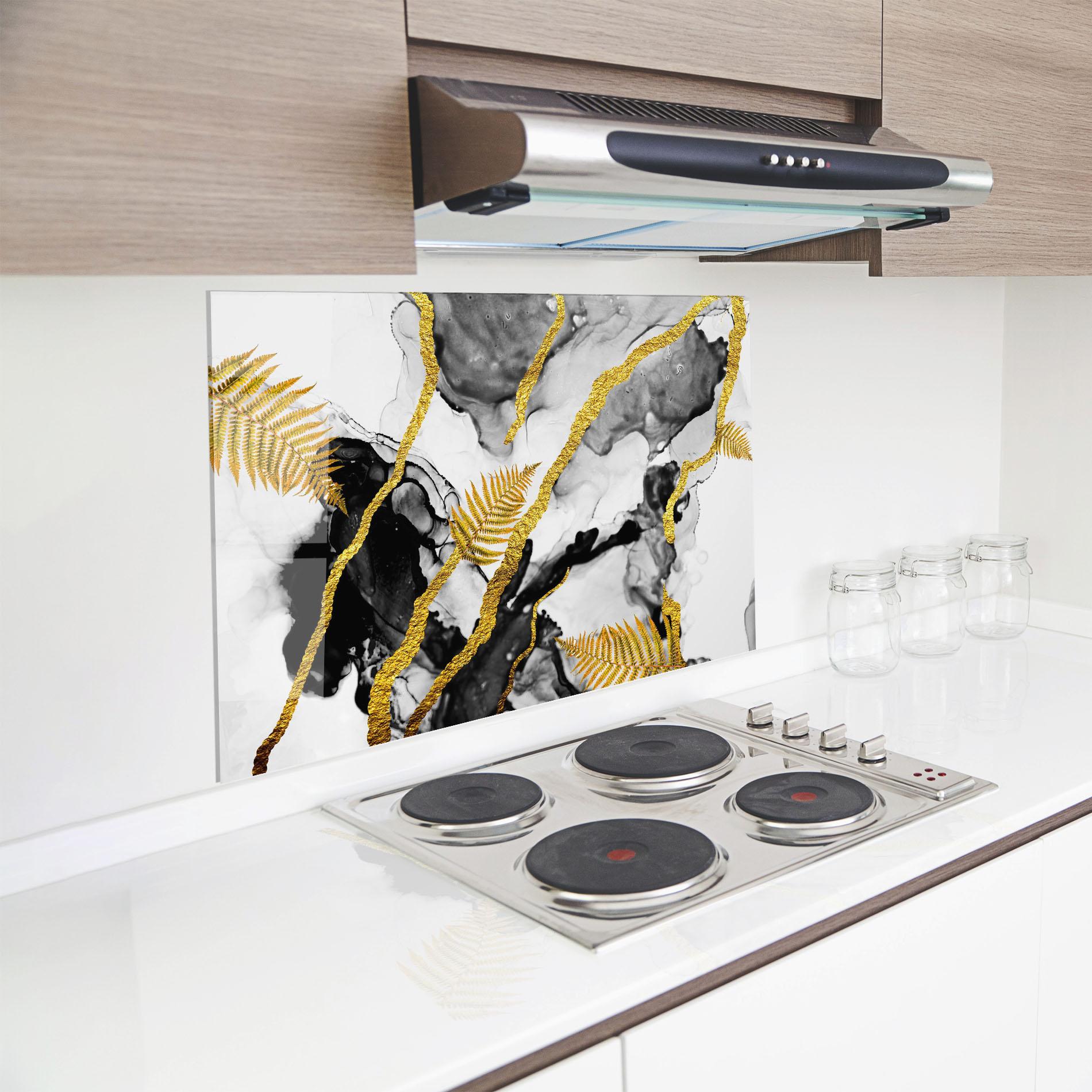 Küchenrückwand Glas Abstract Golden Leaves mockup 8