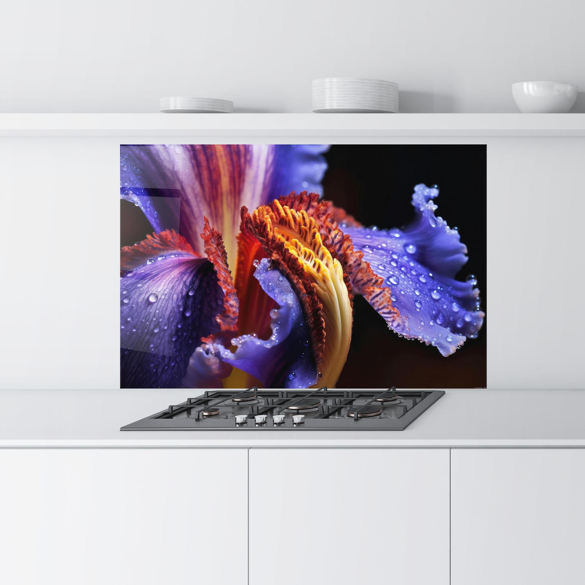 Küchenrückwand Glas Close Up Blue Iris After Rain mockup 9