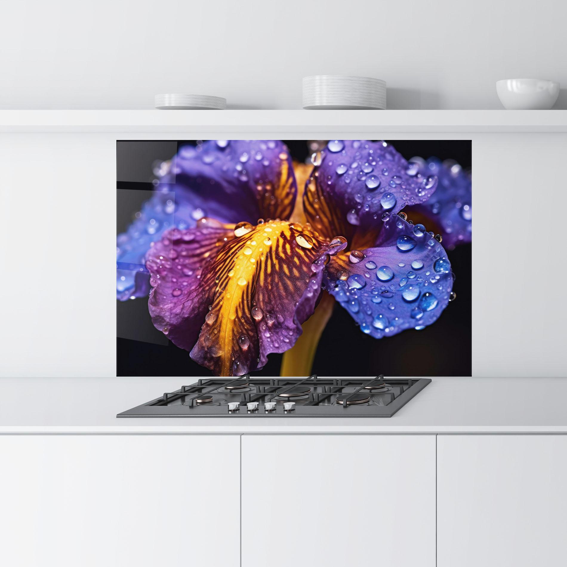 Küchenrückwand Glas Close Up Iris After Rain mockup 9