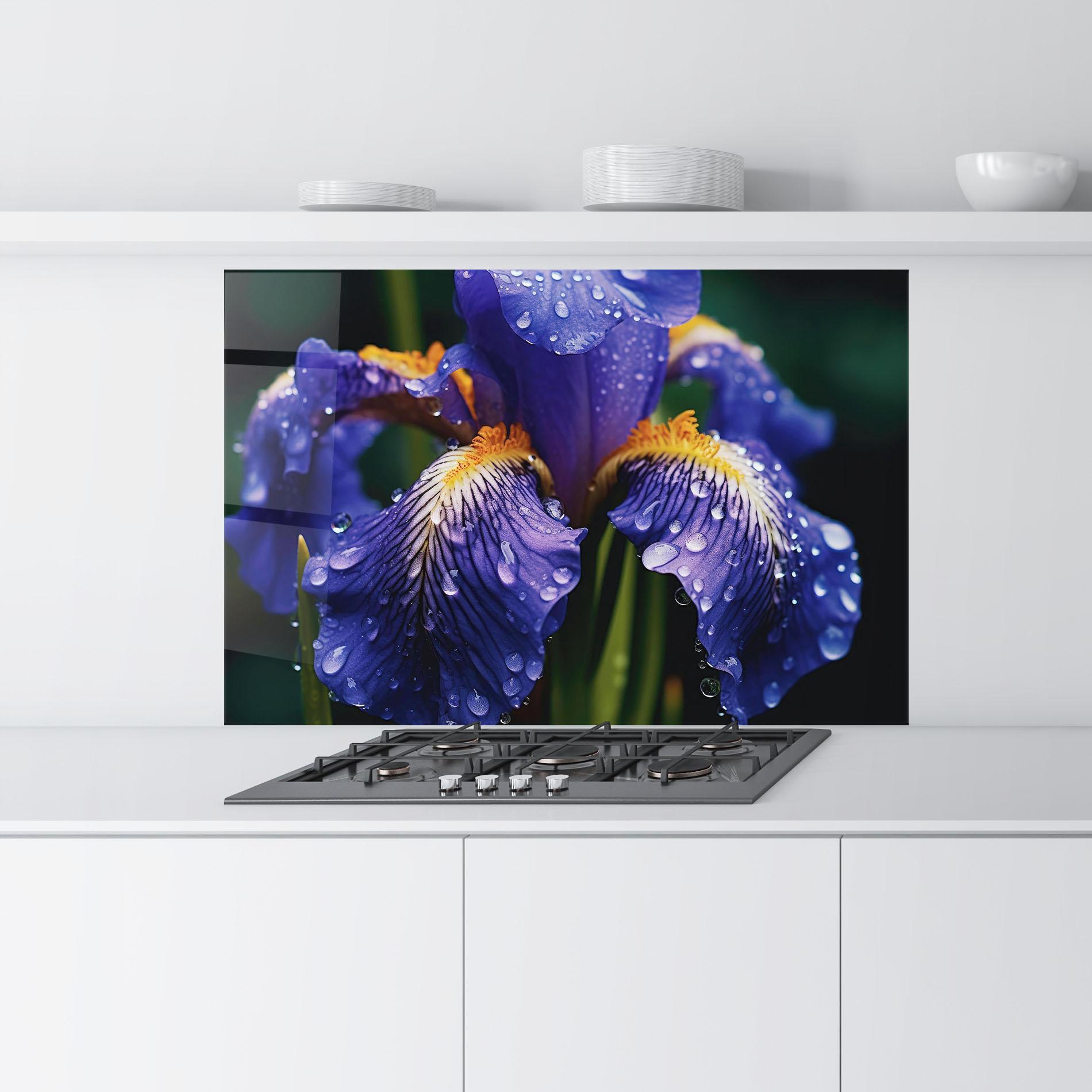Küchenrückwand Glas Iris Close Up Aftrer Rain mockup 9