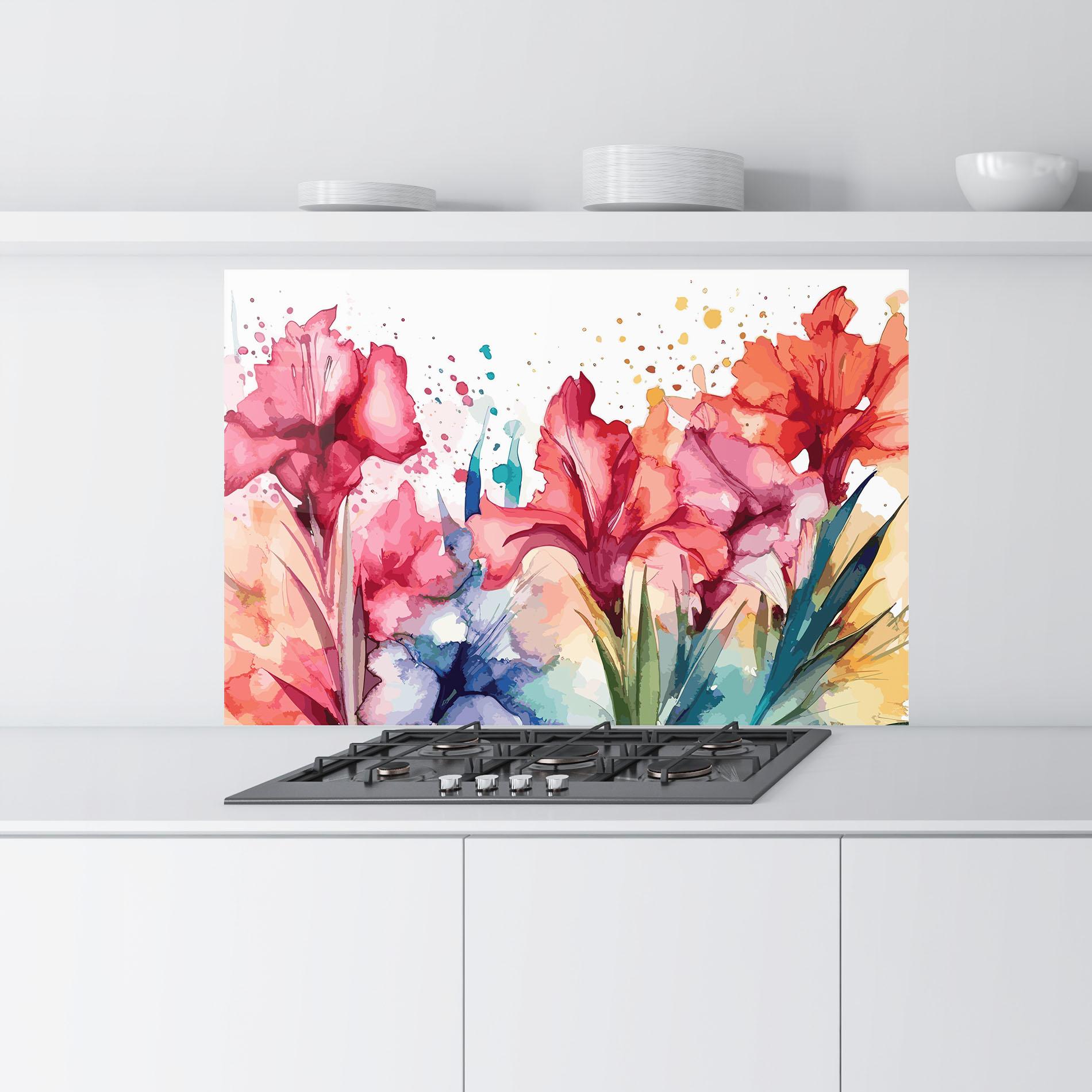 Küchenrückwand Glas Pink Blue Iris mockup 9