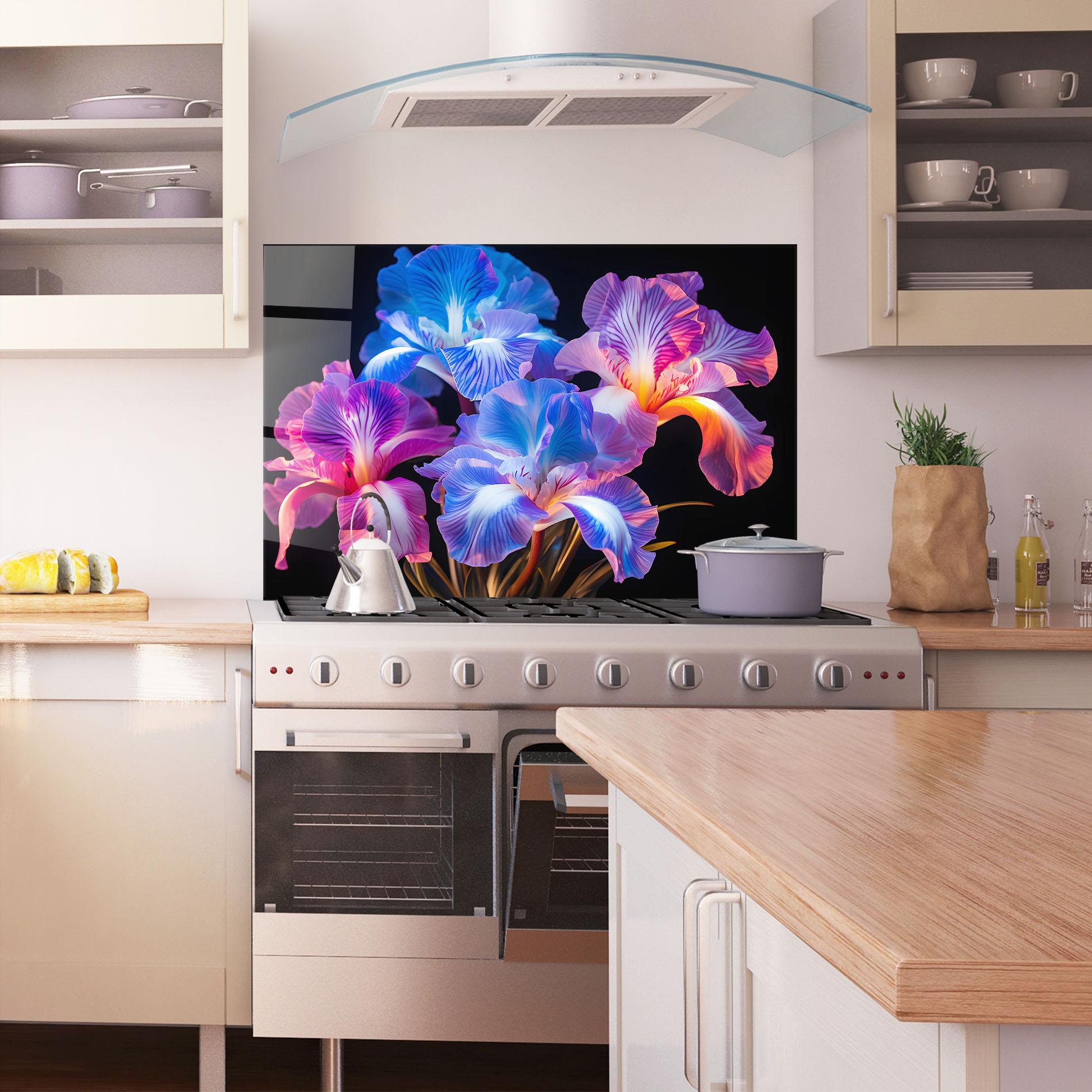 Küchenrückwand Glas Blue Light Iris mockup 1