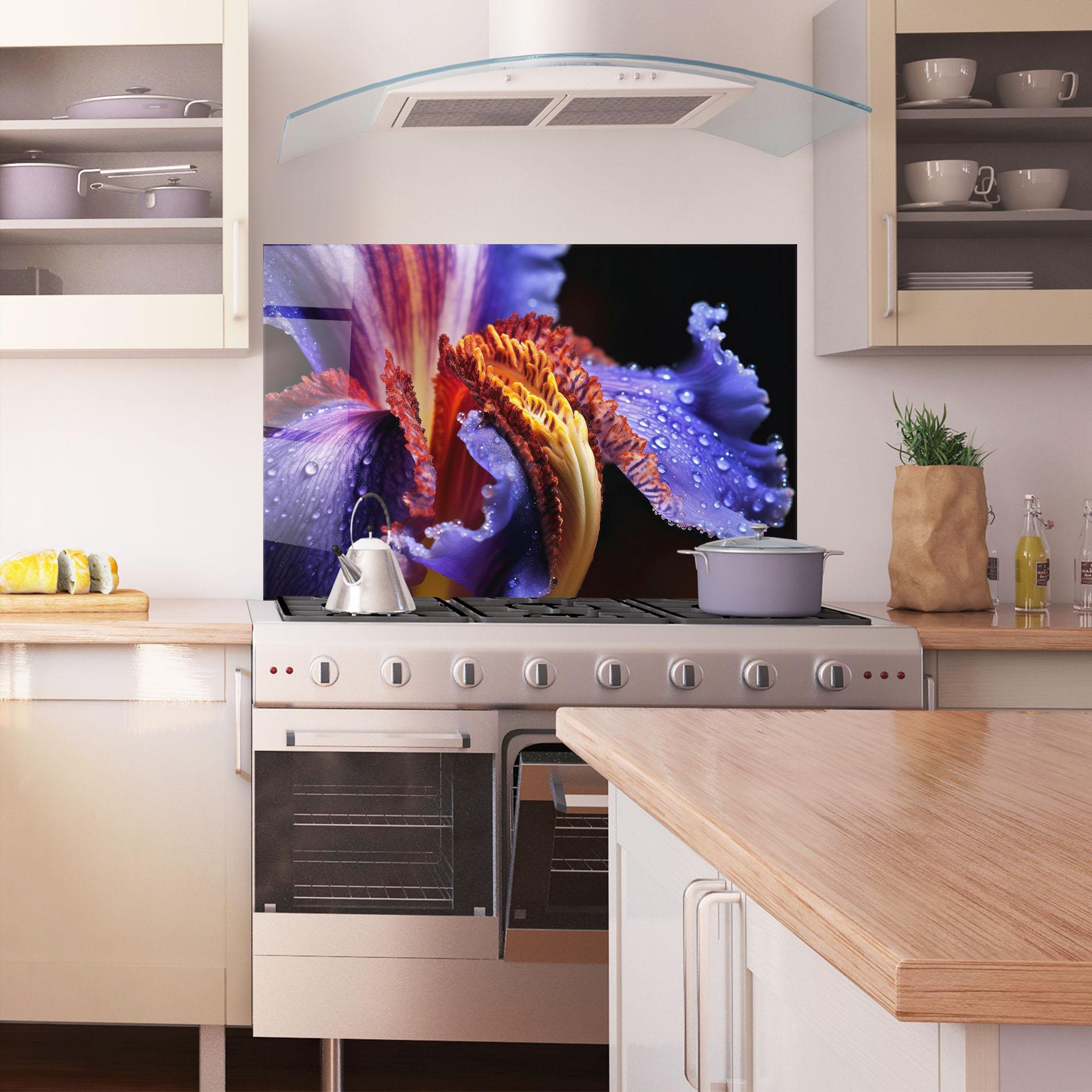 Küchenrückwand Glas Close Up Blue Iris After Rain mockup 1