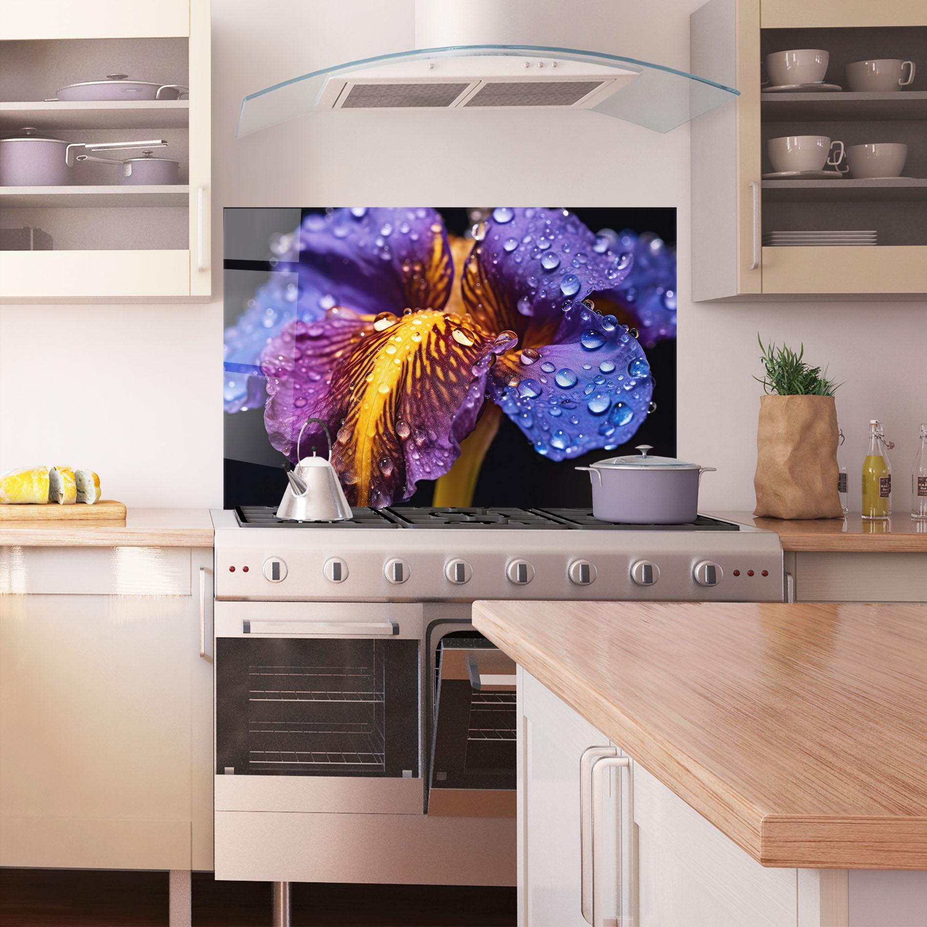 Küchenrückwand Glas Close Up Iris After Rain mockup 1