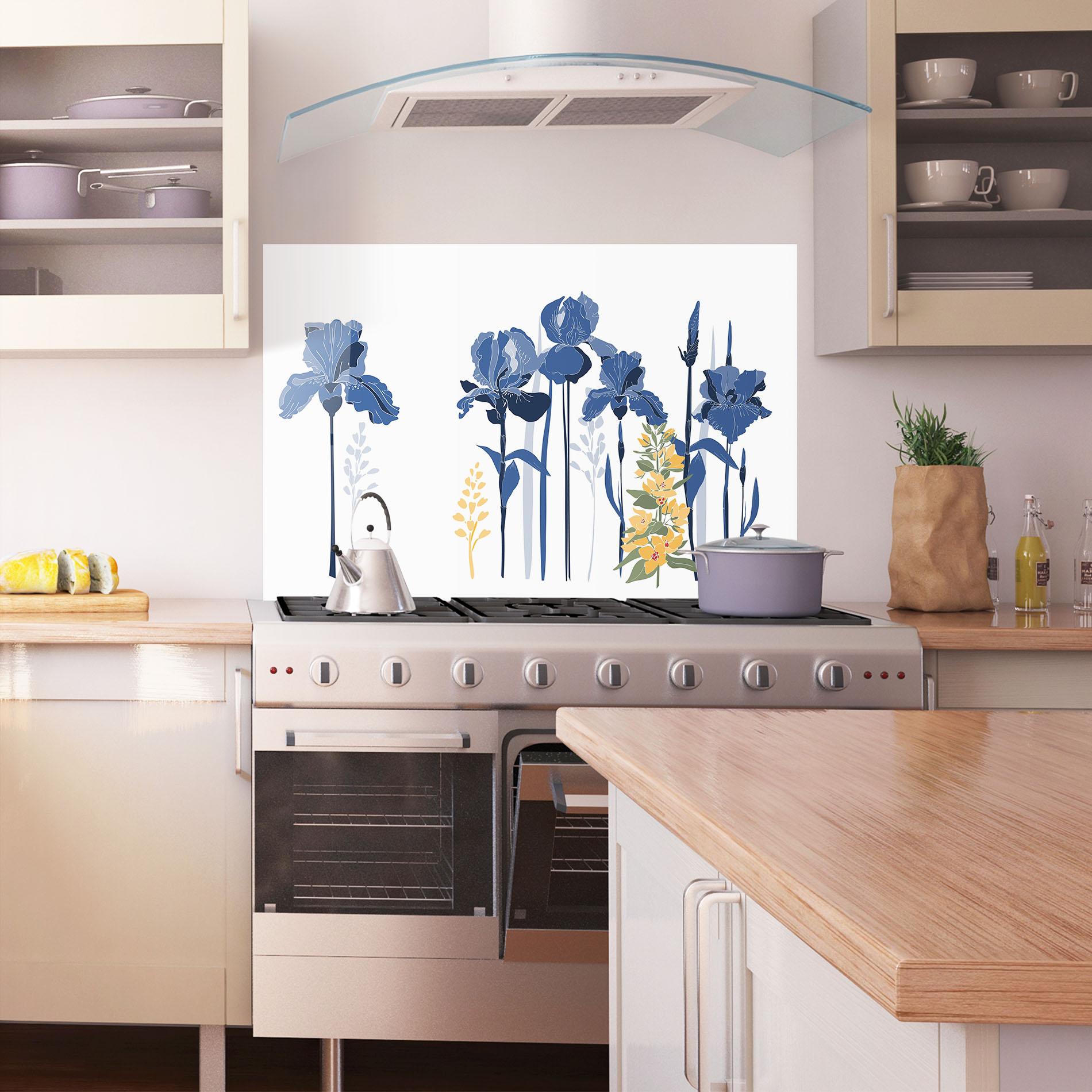 Küchenrückwand Glas Iris Blue Art mockup 1