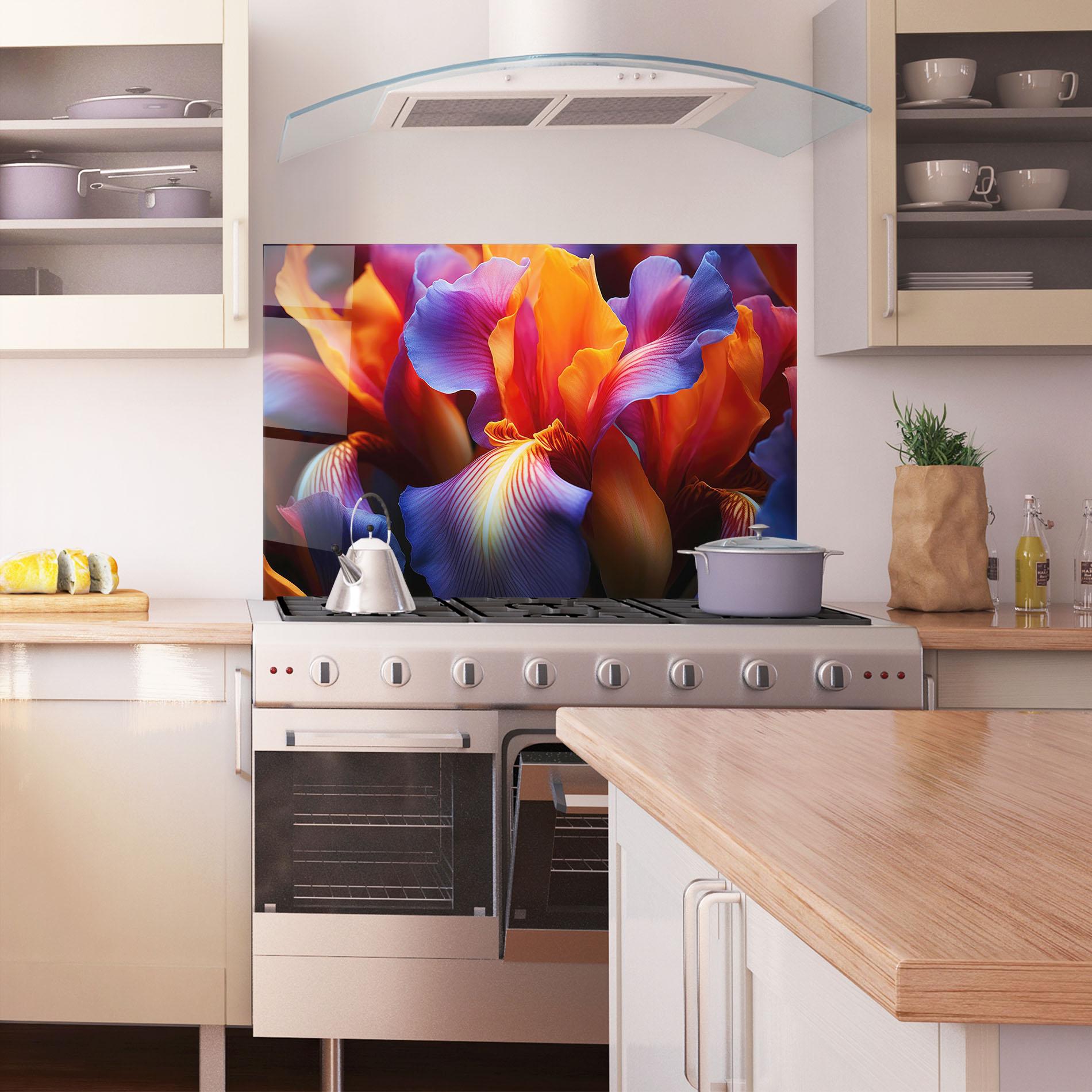 Küchenrückwand Glas Orange Purple Iris mockup 1