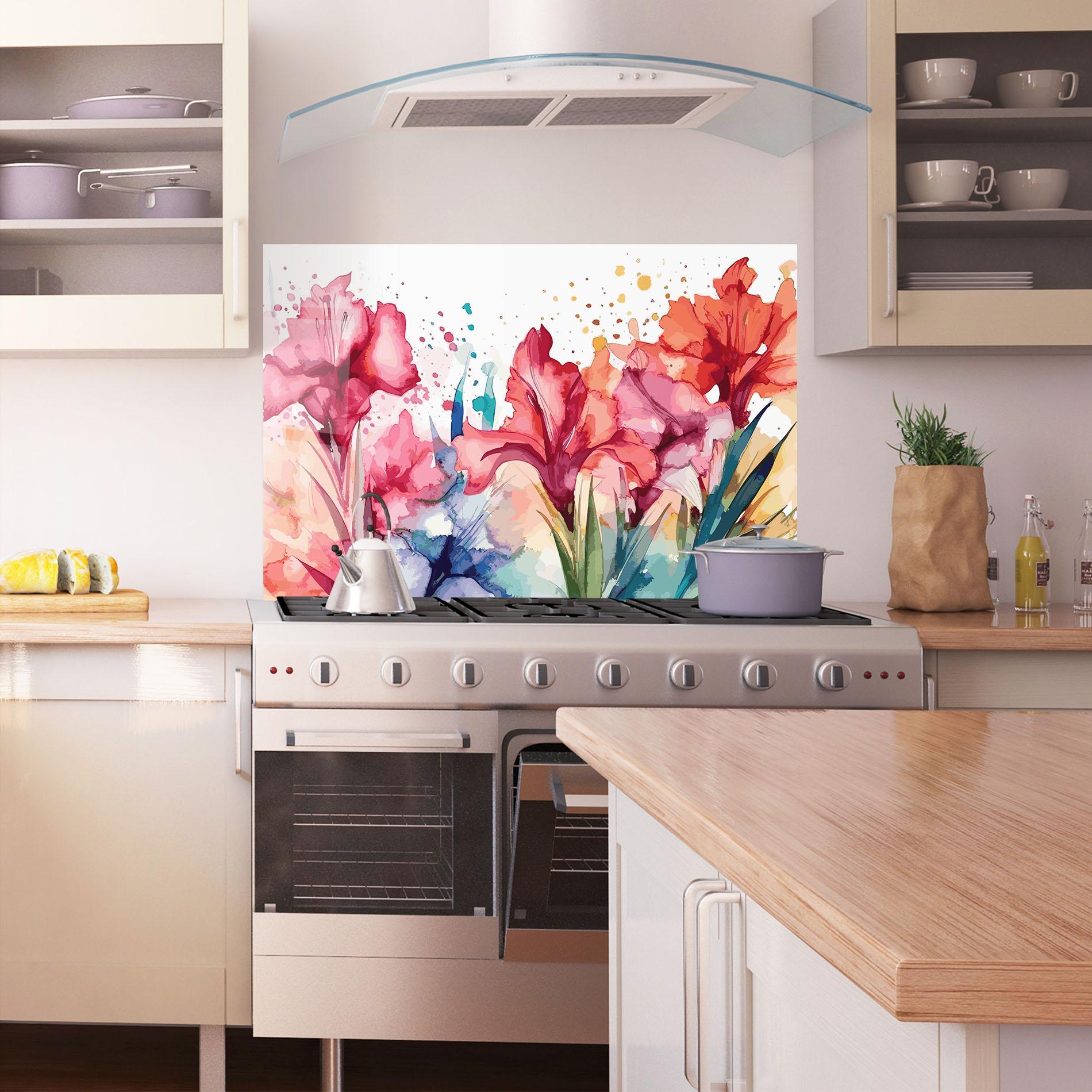 Küchenrückwand Glas Pink Blue Iris mockup 1