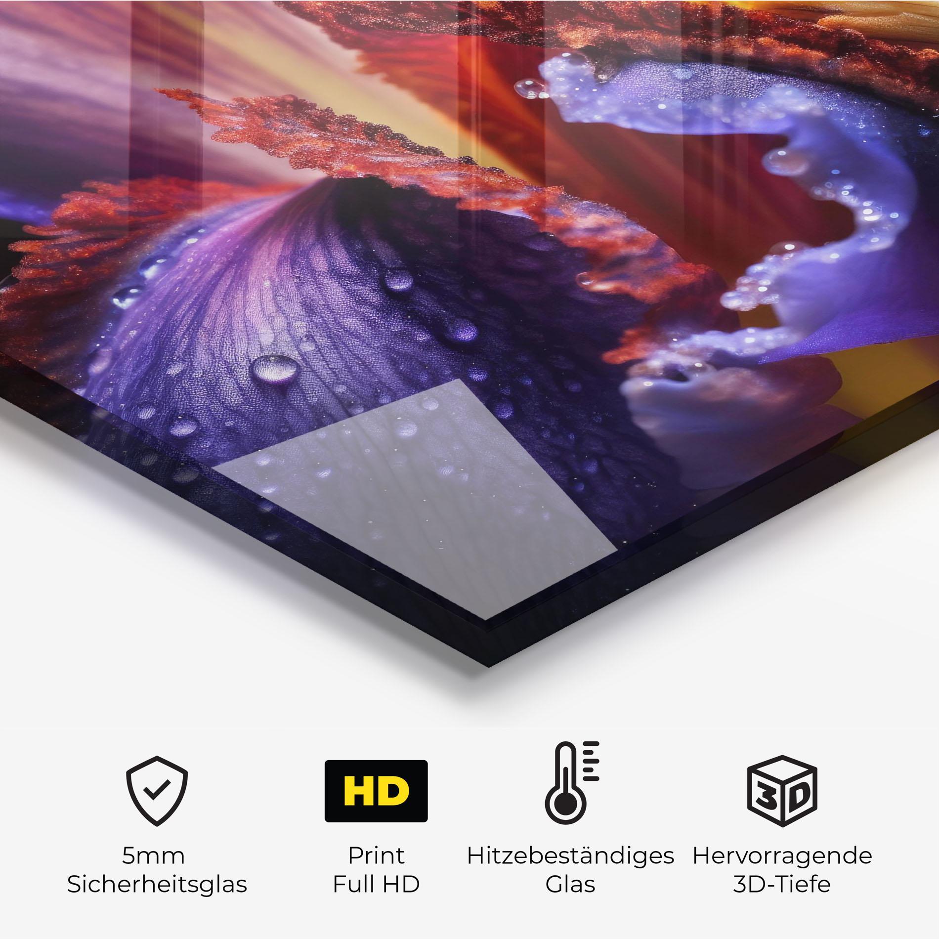 Küchenrückwand Glas Close Up Blue Iris After Rain mockup 2