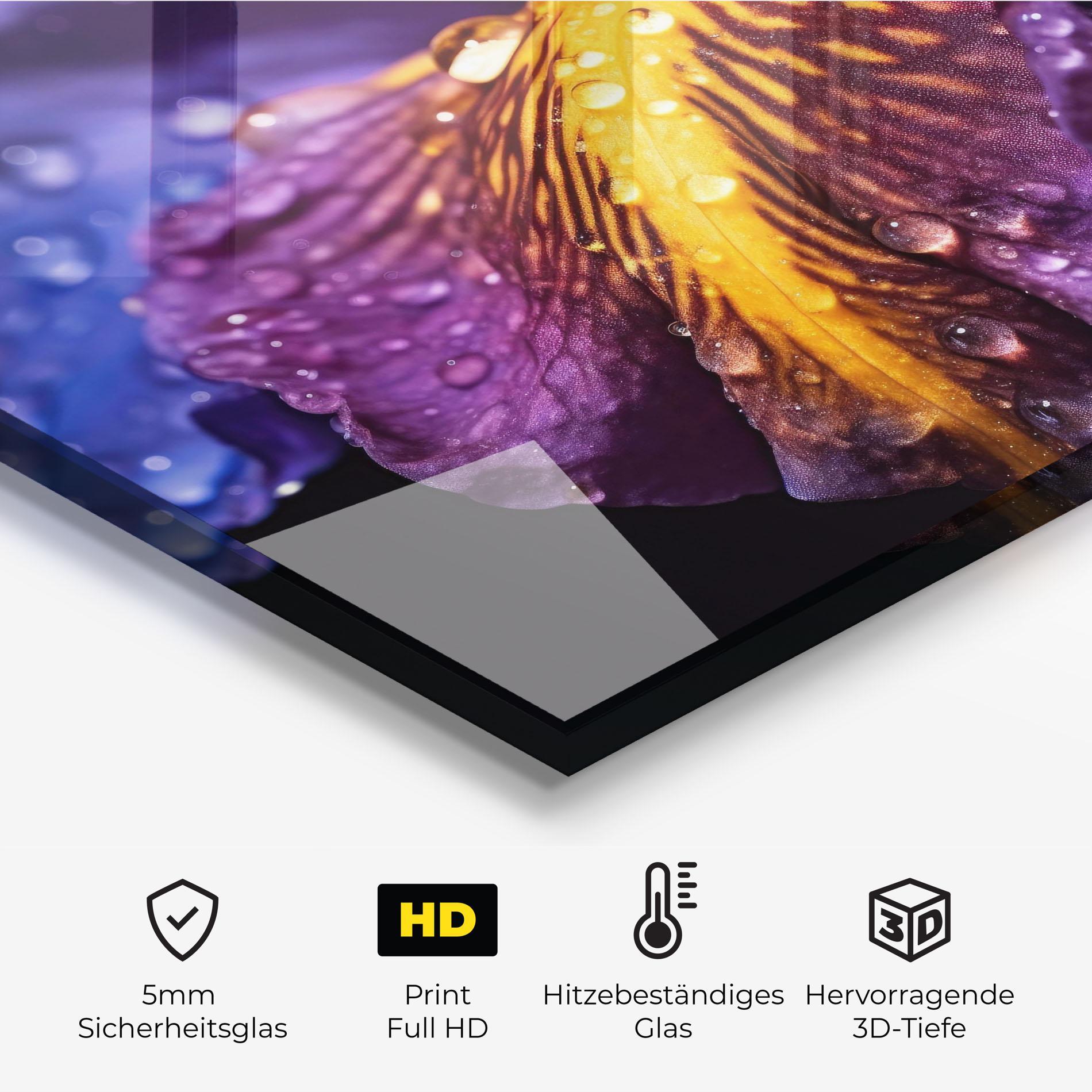 Küchenrückwand Glas Close Up Iris After Rain mockup 2