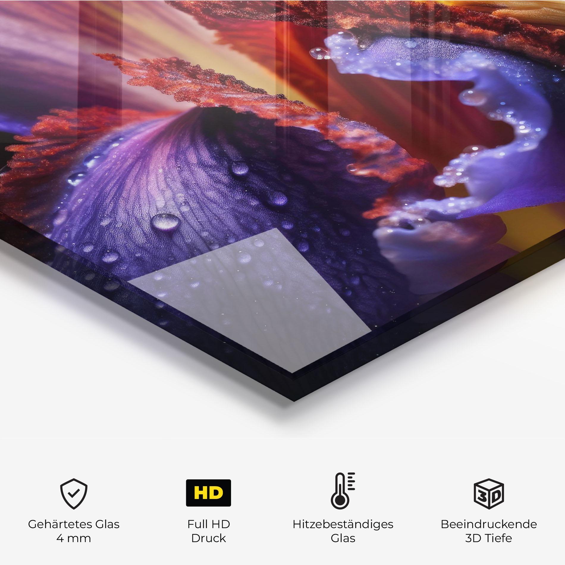 Küchenrückwand Glas Close Up Blue Iris After Rain mockup 2