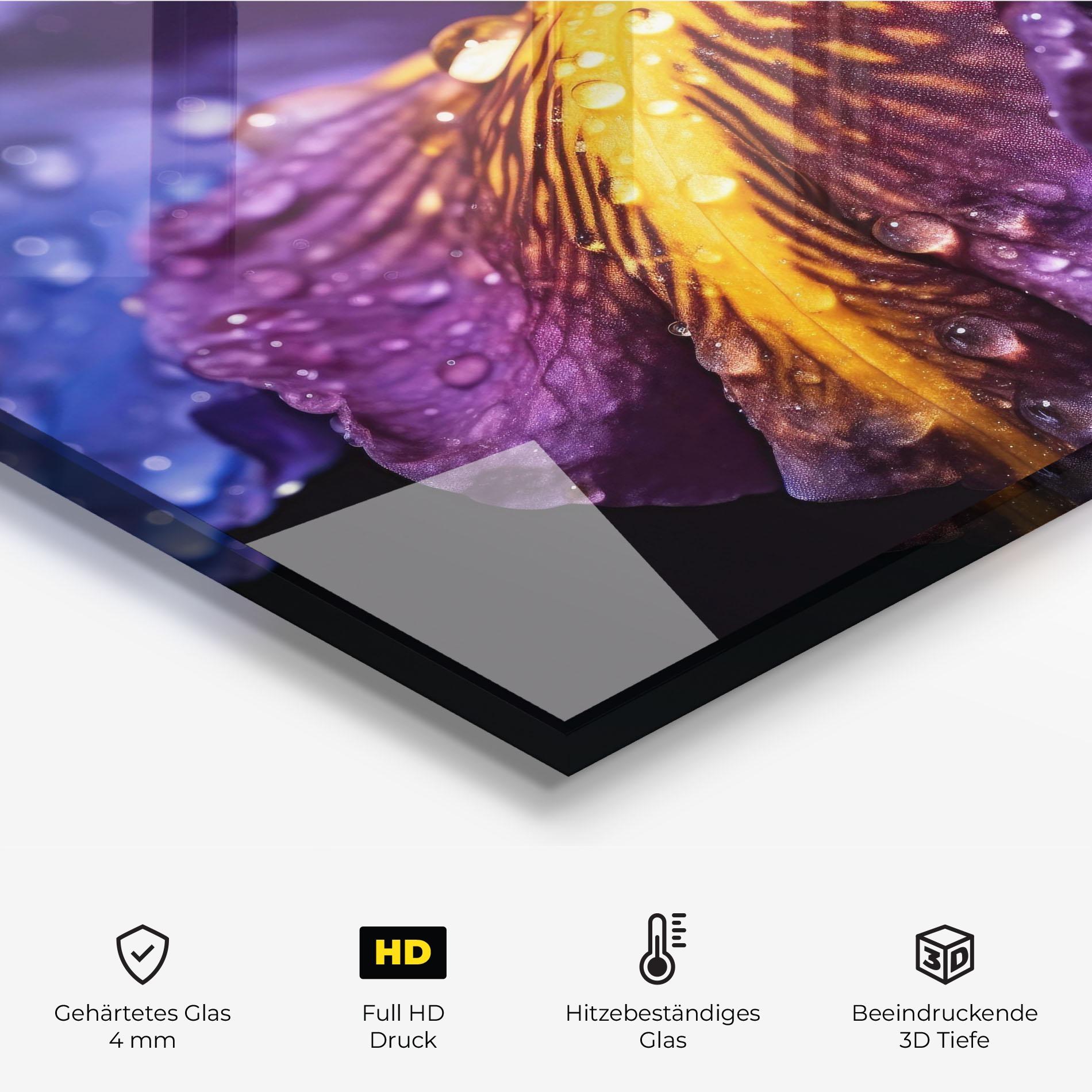 Küchenrückwand Glas Close Up Iris After Rain mockup 2