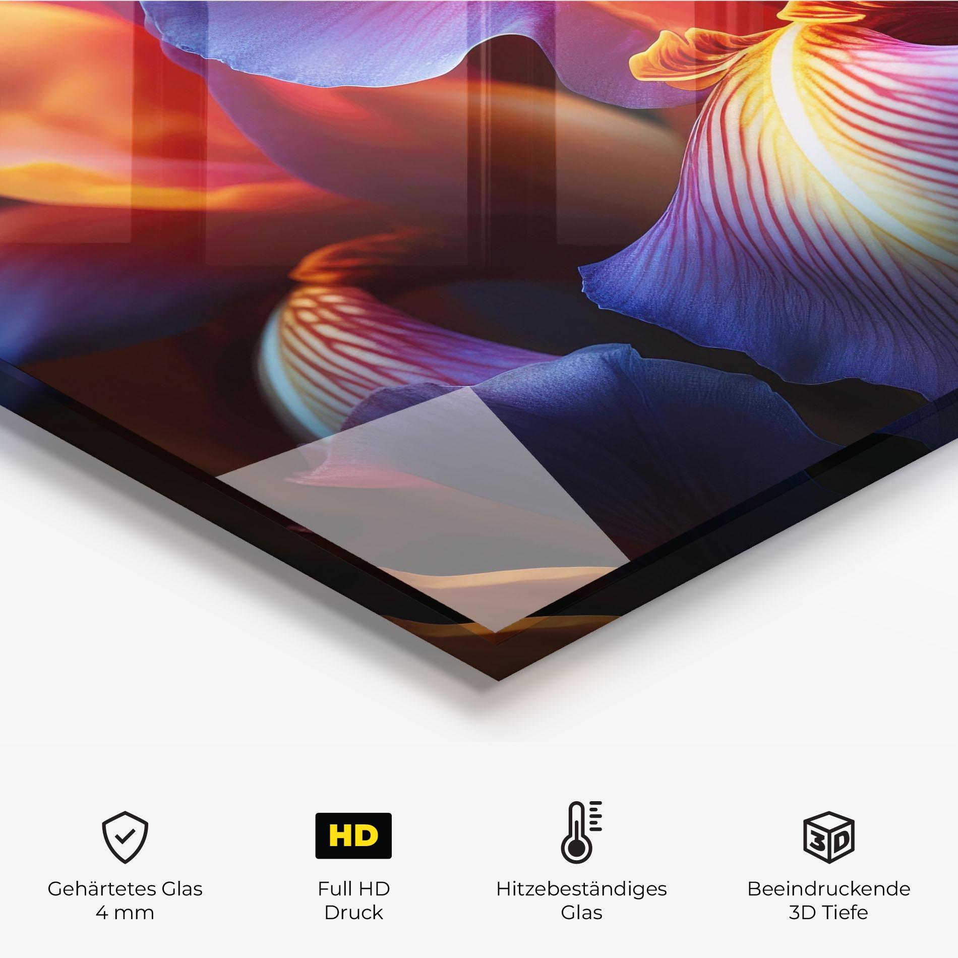 Küchenrückwand Glas Orange Purple Iris mockup 2