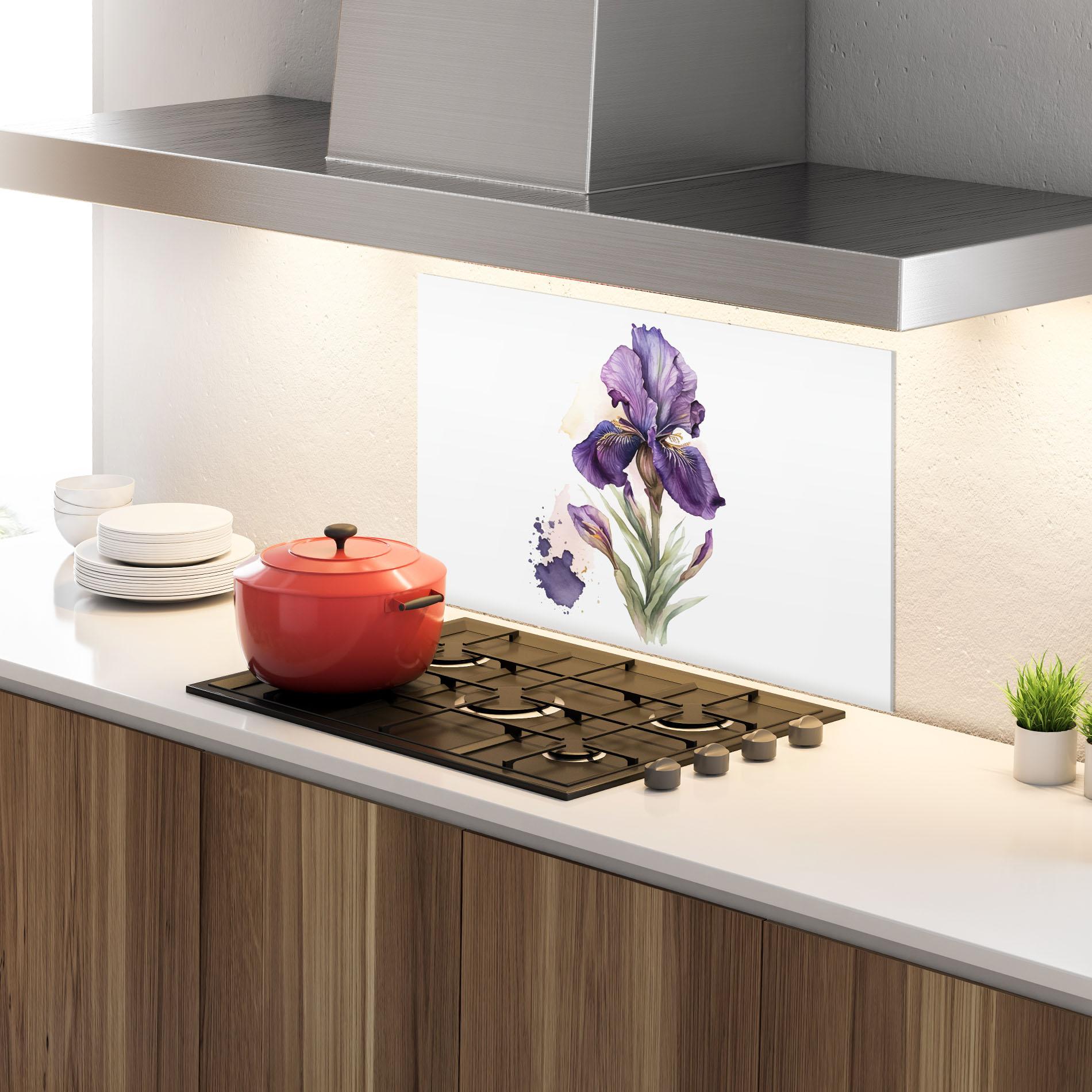 Küchenrückwand Glas Beautiful Purple Iris mockup 4