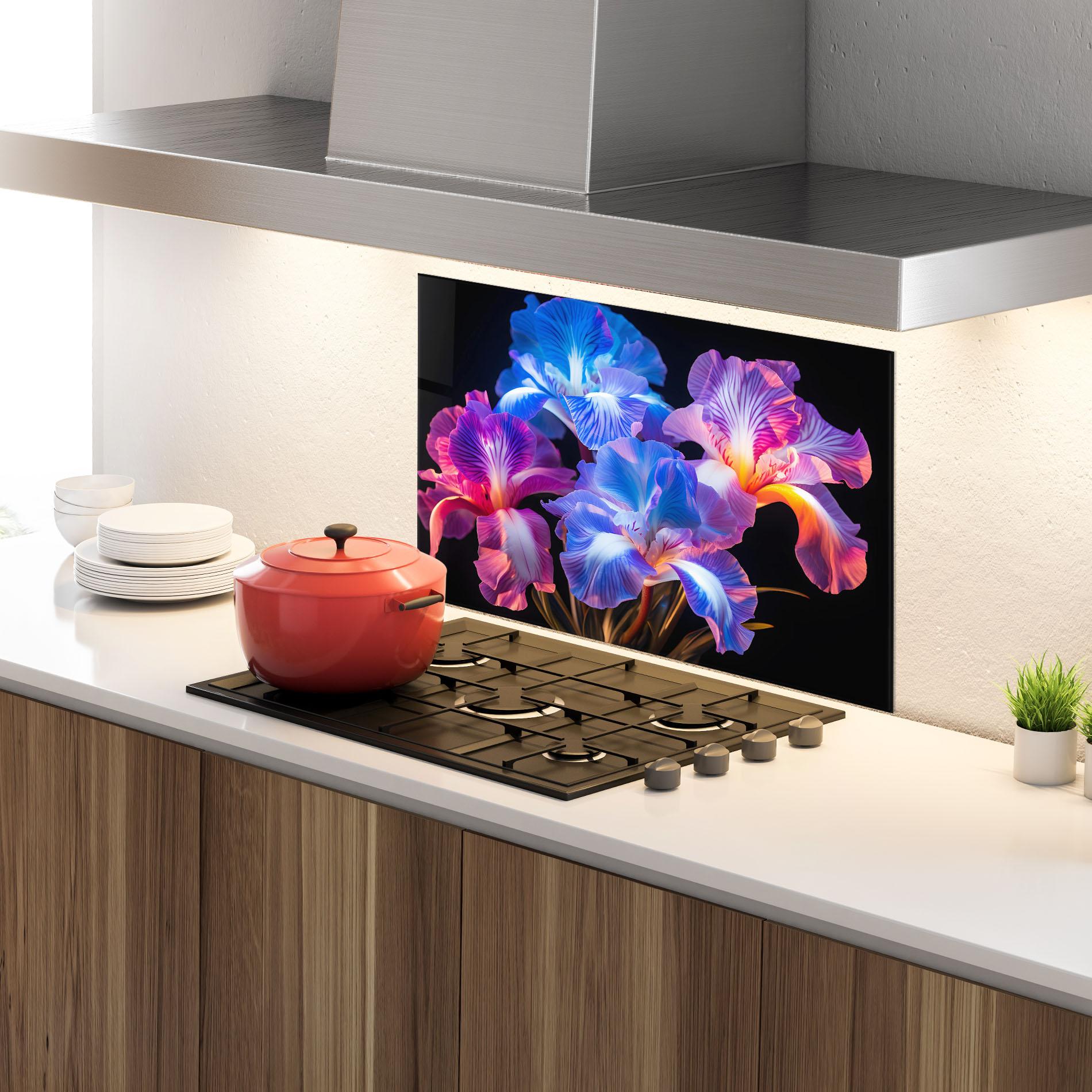 Küchenrückwand Glas Blue Light Iris mockup 4