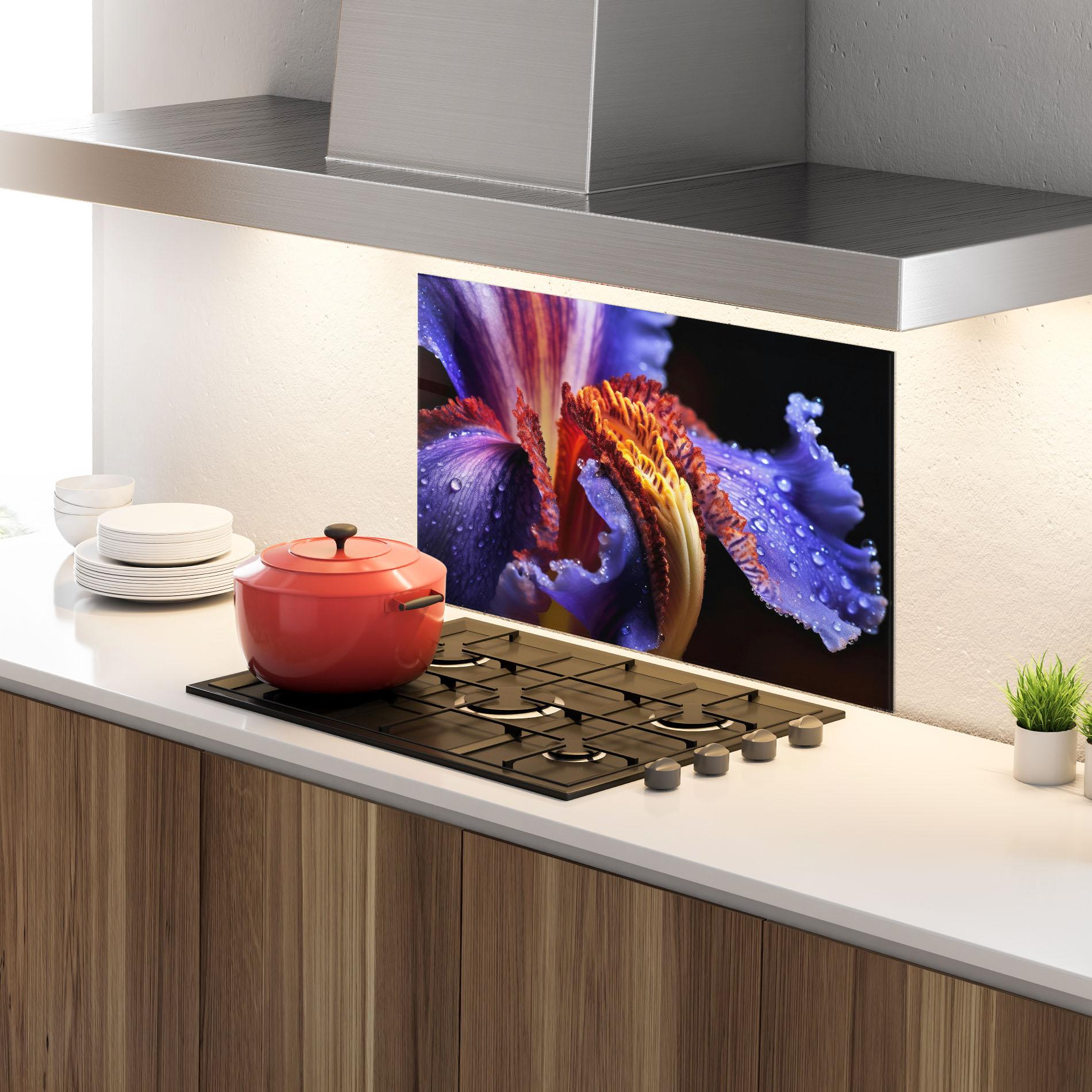 Küchenrückwand Glas Close Up Blue Iris After Rain mockup 4