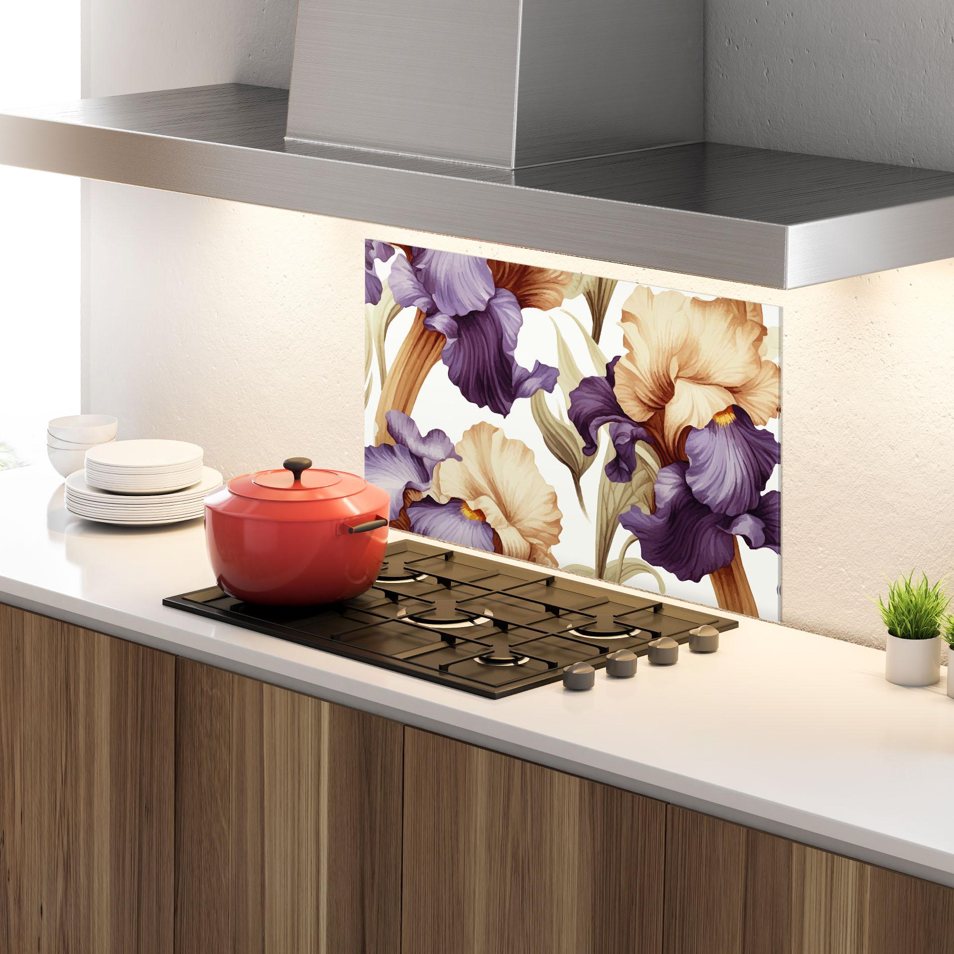 Küchenrückwand Glas Cream Purple Iris mockup 4