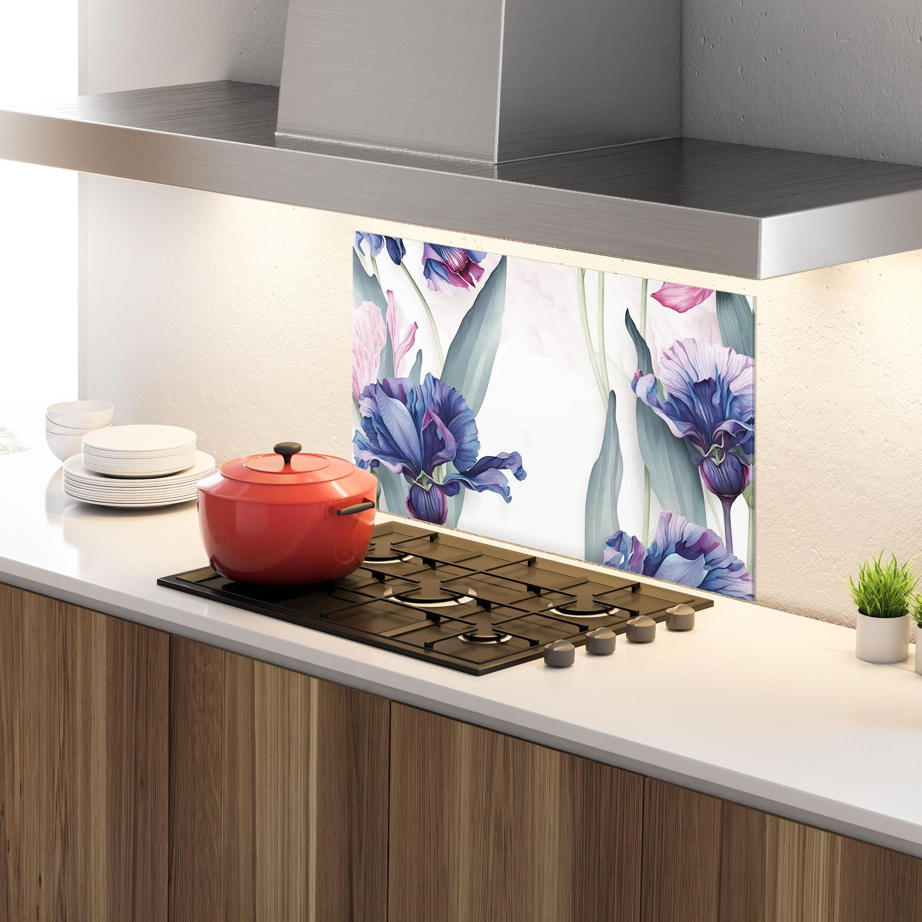 Küchenrückwand Glas Iris Purple Shades mockup 4