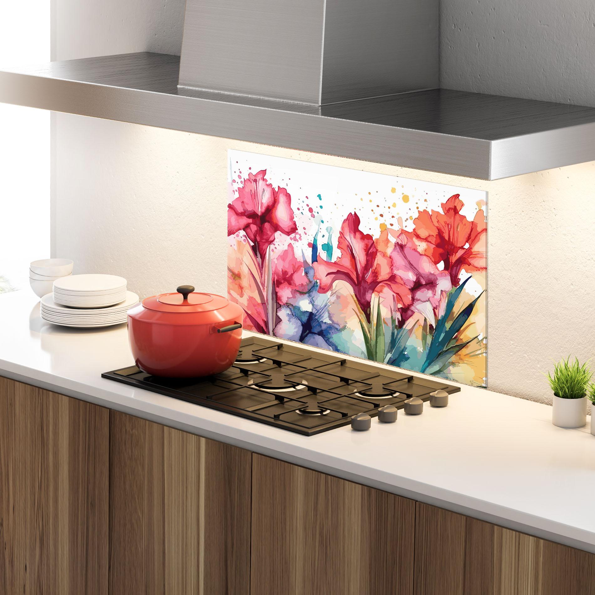 Küchenrückwand Glas Pink Blue Iris mockup 4