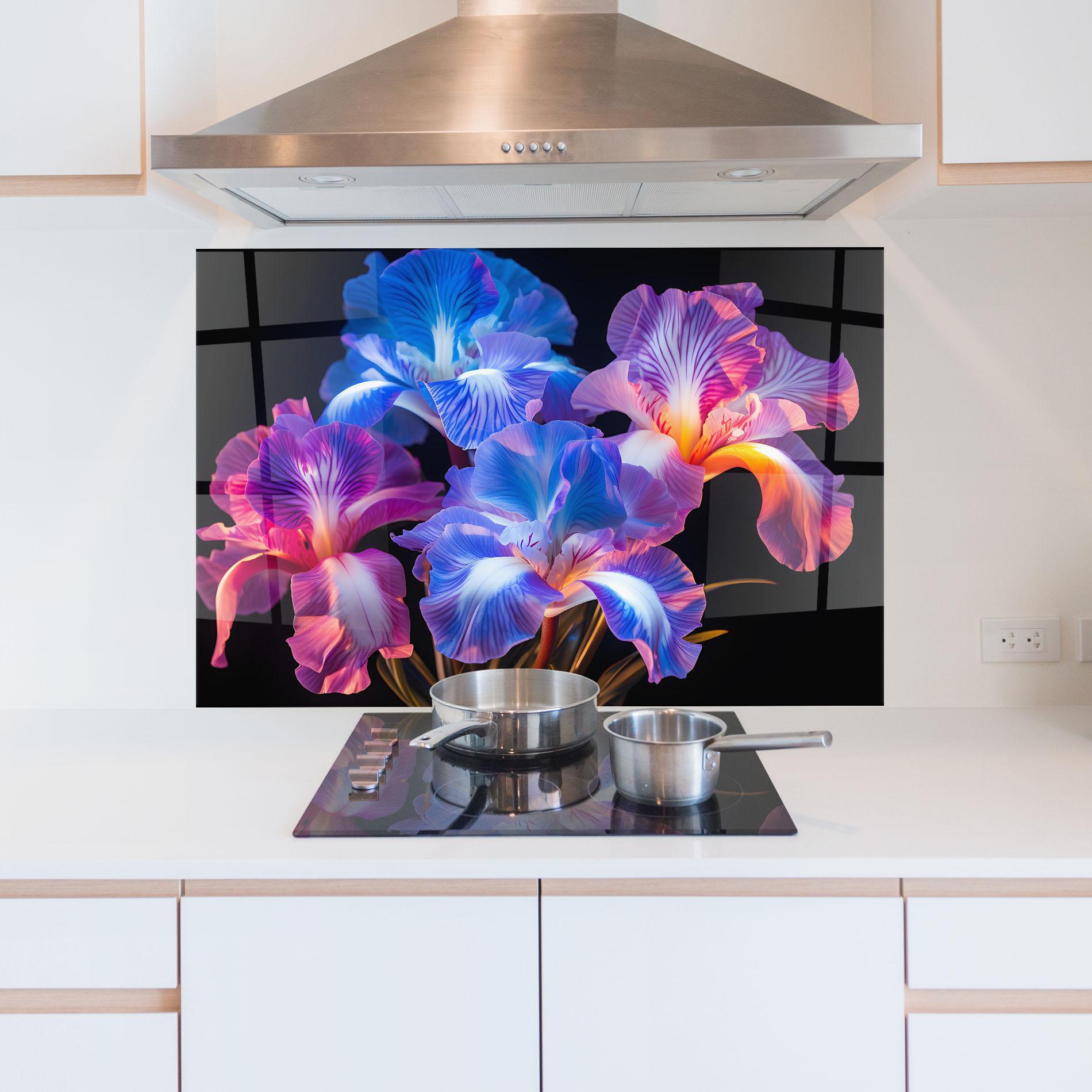 Küchenrückwand Glas Blue Light Iris mockup 5