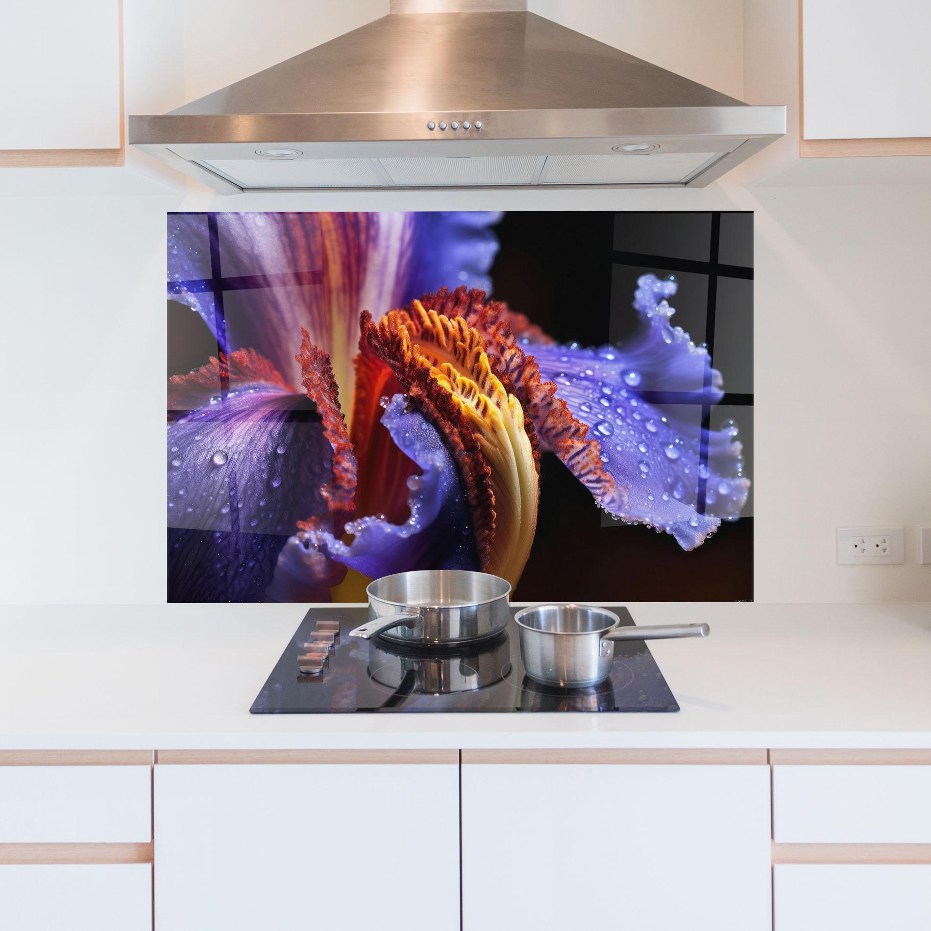 Küchenrückwand Glas Close Up Blue Iris After Rain mockup 5