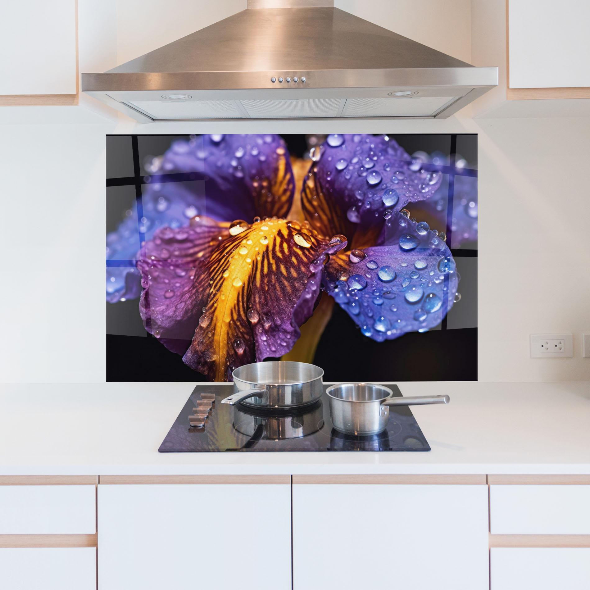 Küchenrückwand Glas Close Up Iris After Rain mockup 5