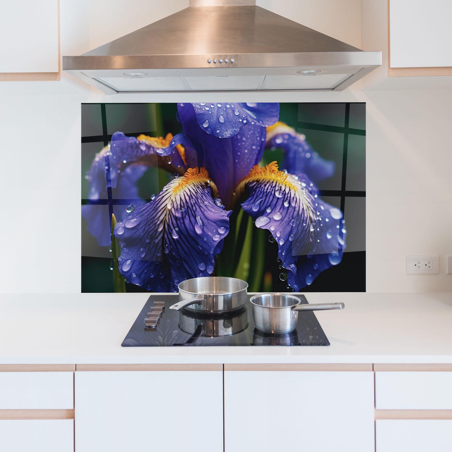 Küchenrückwand Glas Iris Close Up Aftrer Rain mockup 5