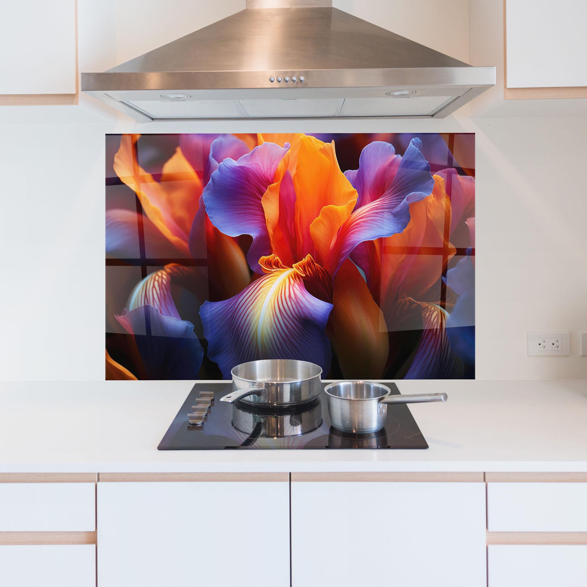 Küchenrückwand Glas Orange Purple Iris mockup 5