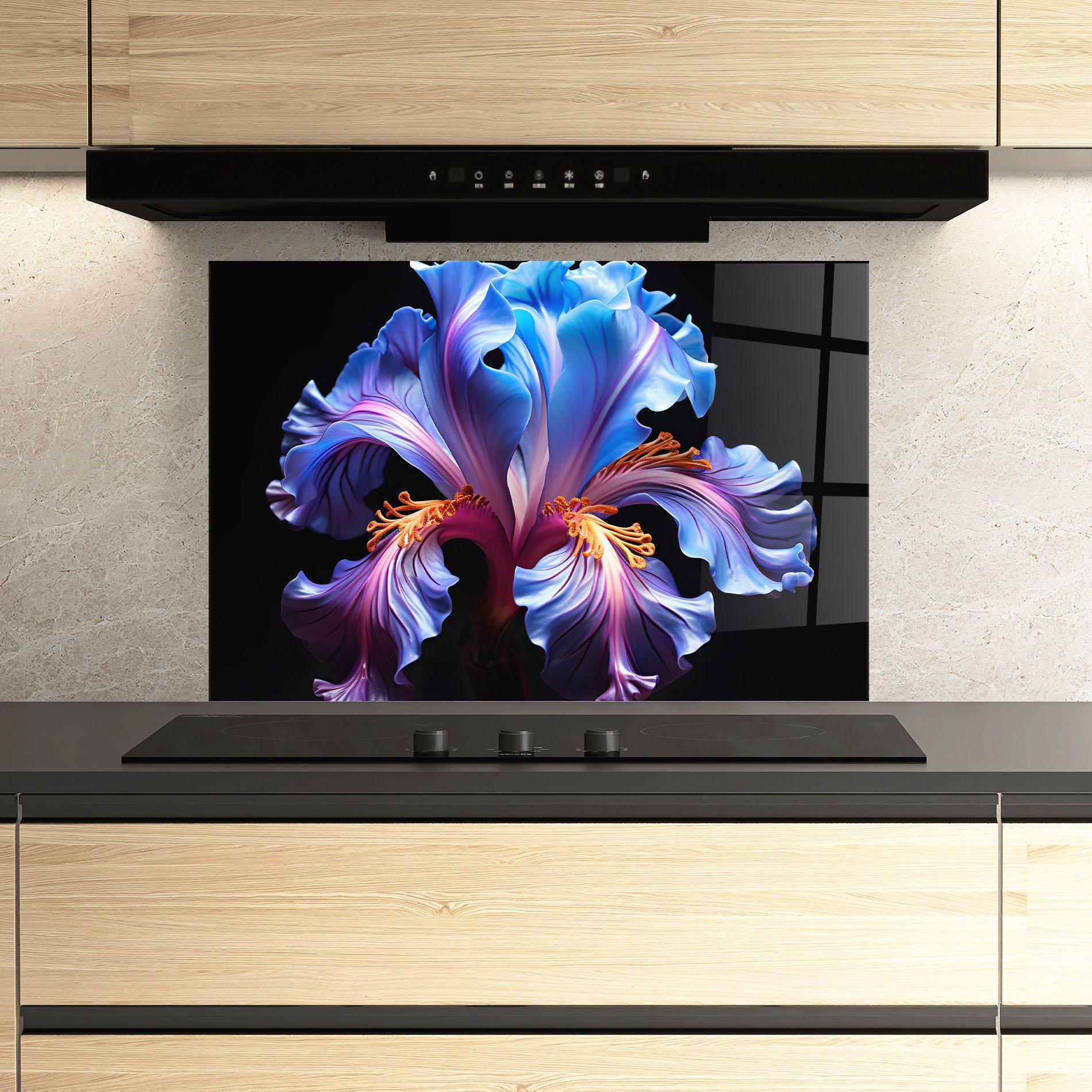 Küchenrückwand Glas Beautiful Iris On Black mockup 3